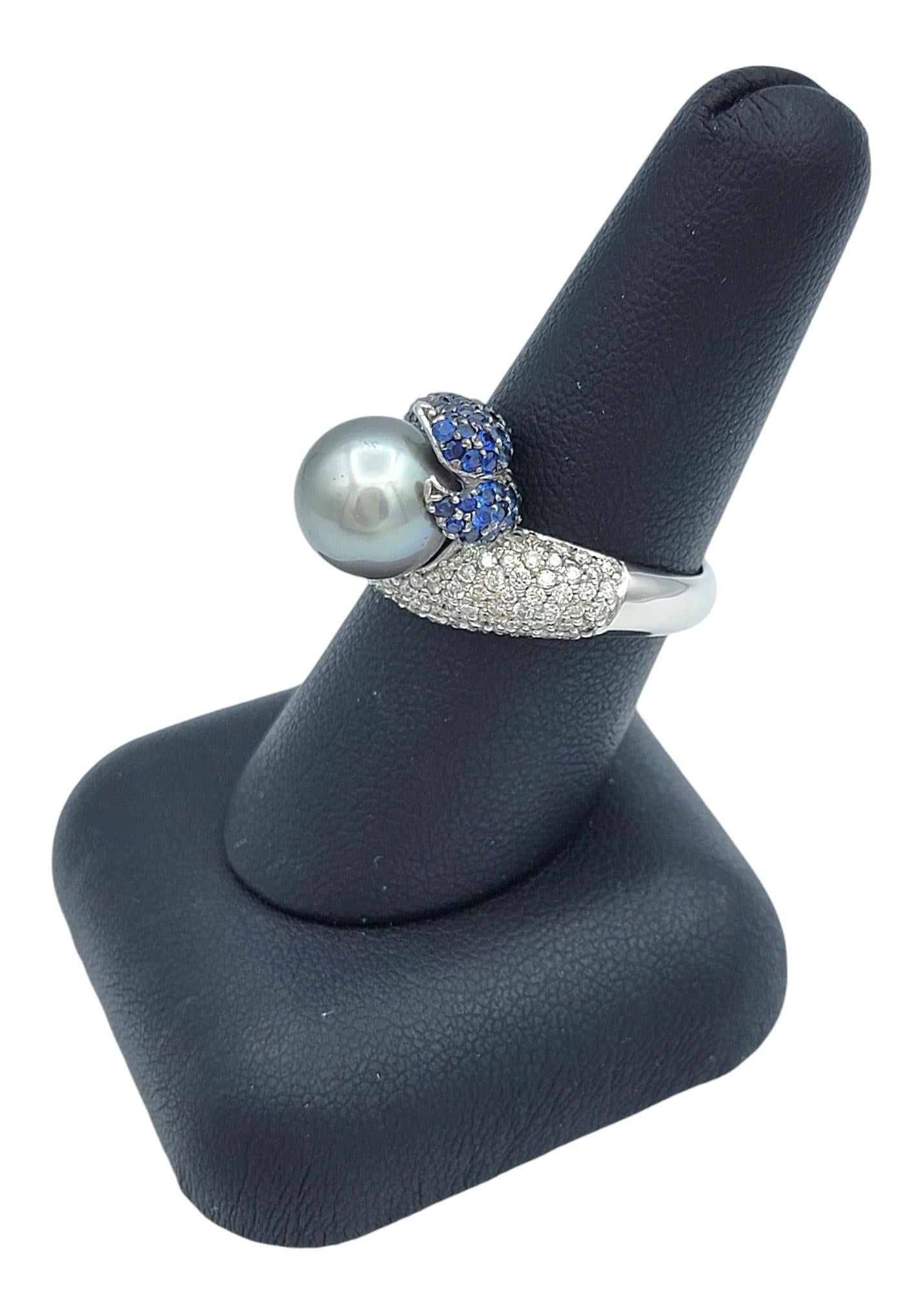 Anello bypass con perla di Tahiti, diamante e zaffiro in oro bianco 14 carati in vendita 6