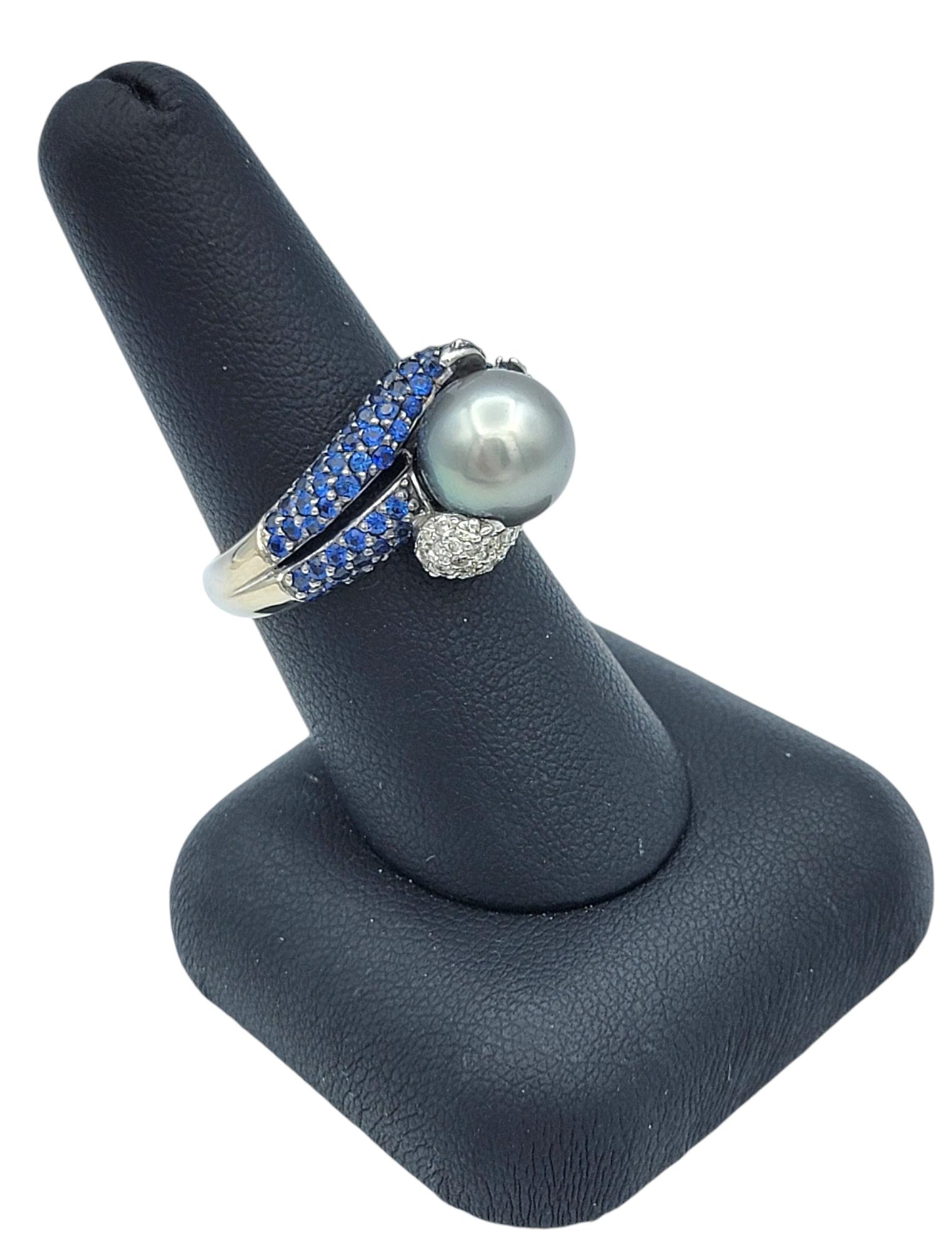 Anello bypass con perla di Tahiti, diamante e zaffiro in oro bianco 14 carati in vendita 7