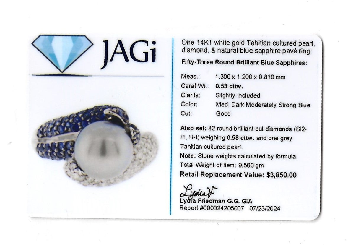 Anello bypass con perla di Tahiti, diamante e zaffiro in oro bianco 14 carati in vendita 8
