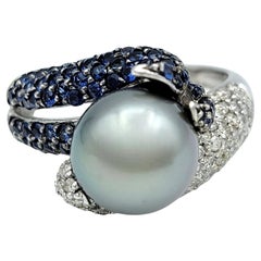 Tahitian Pearl, Diamond and Sapphire Pavé Bypass Ring in 14 Karat White Gold