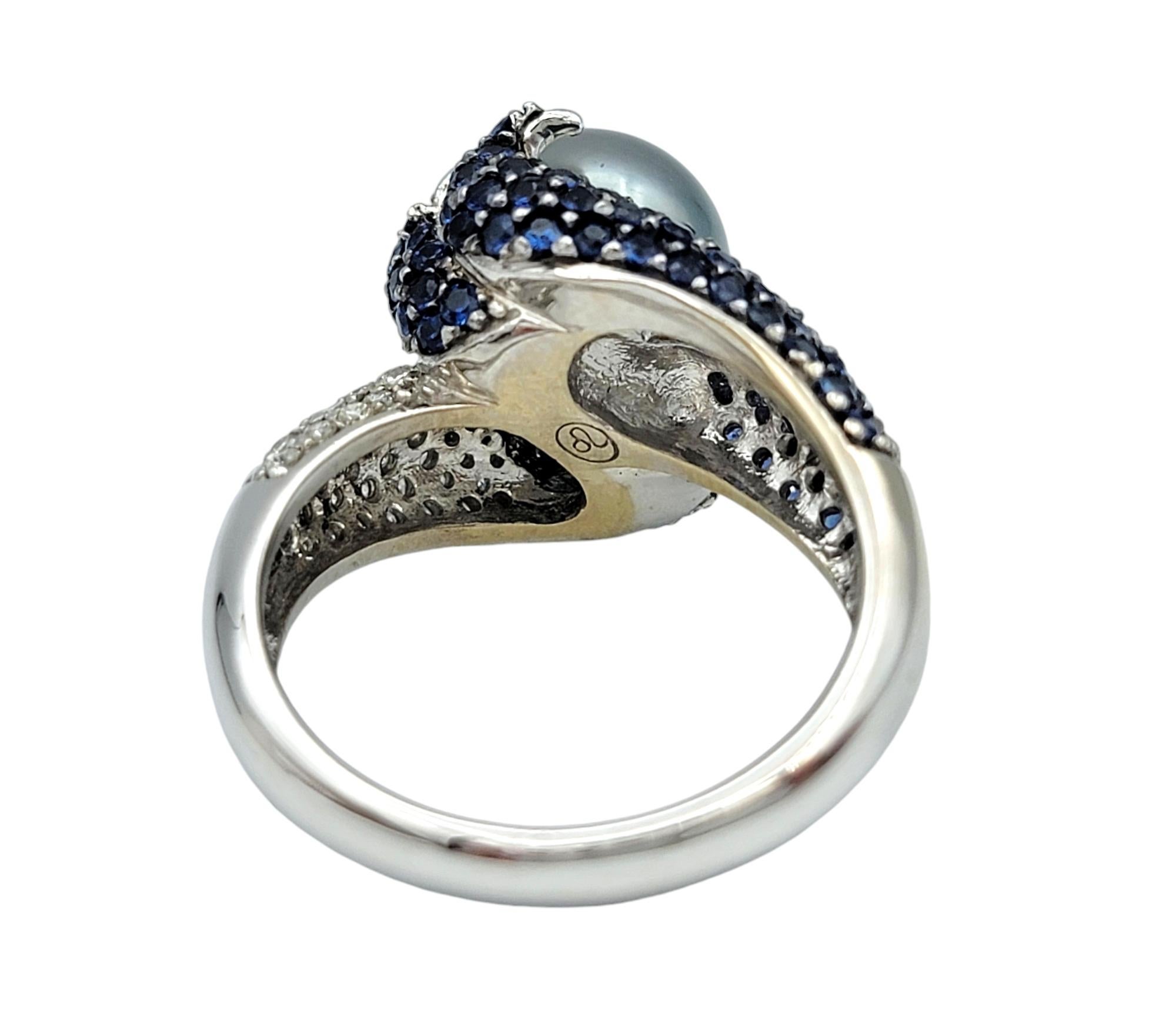 Anello bypass con perla di Tahiti, diamante e zaffiro in oro bianco 14 carati in vendita 1