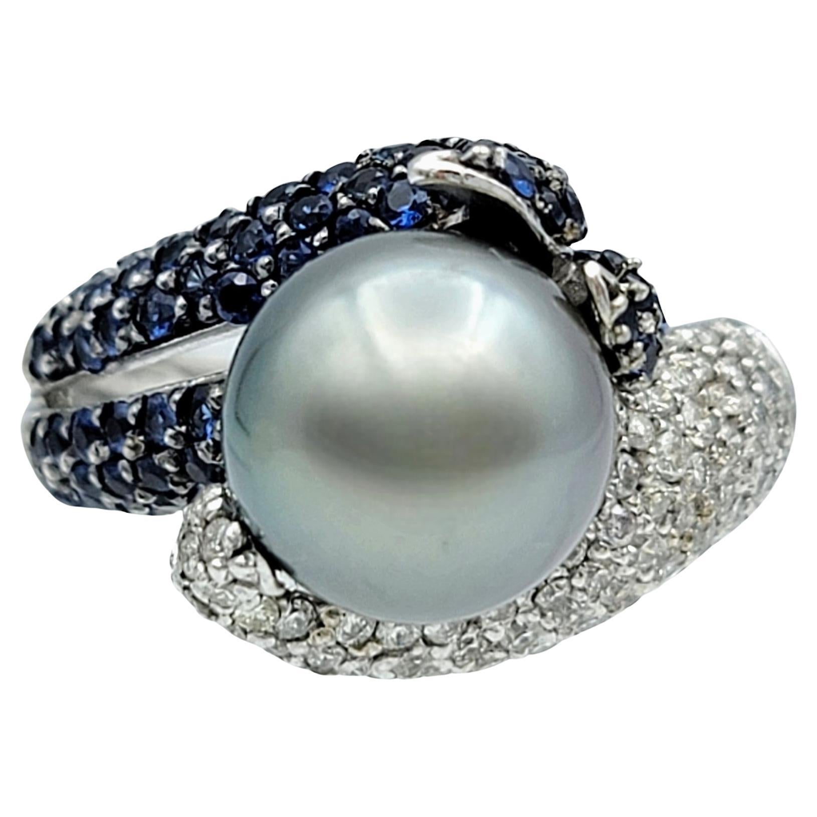 Tahitian Pearl, Diamond and Sapphire Pavé Bypass Ring in 14 Karat White Gold