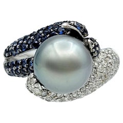 Tahitian Pearl, Diamond and Sapphire Pavé Bypass Ring in 14 Karat White Gold