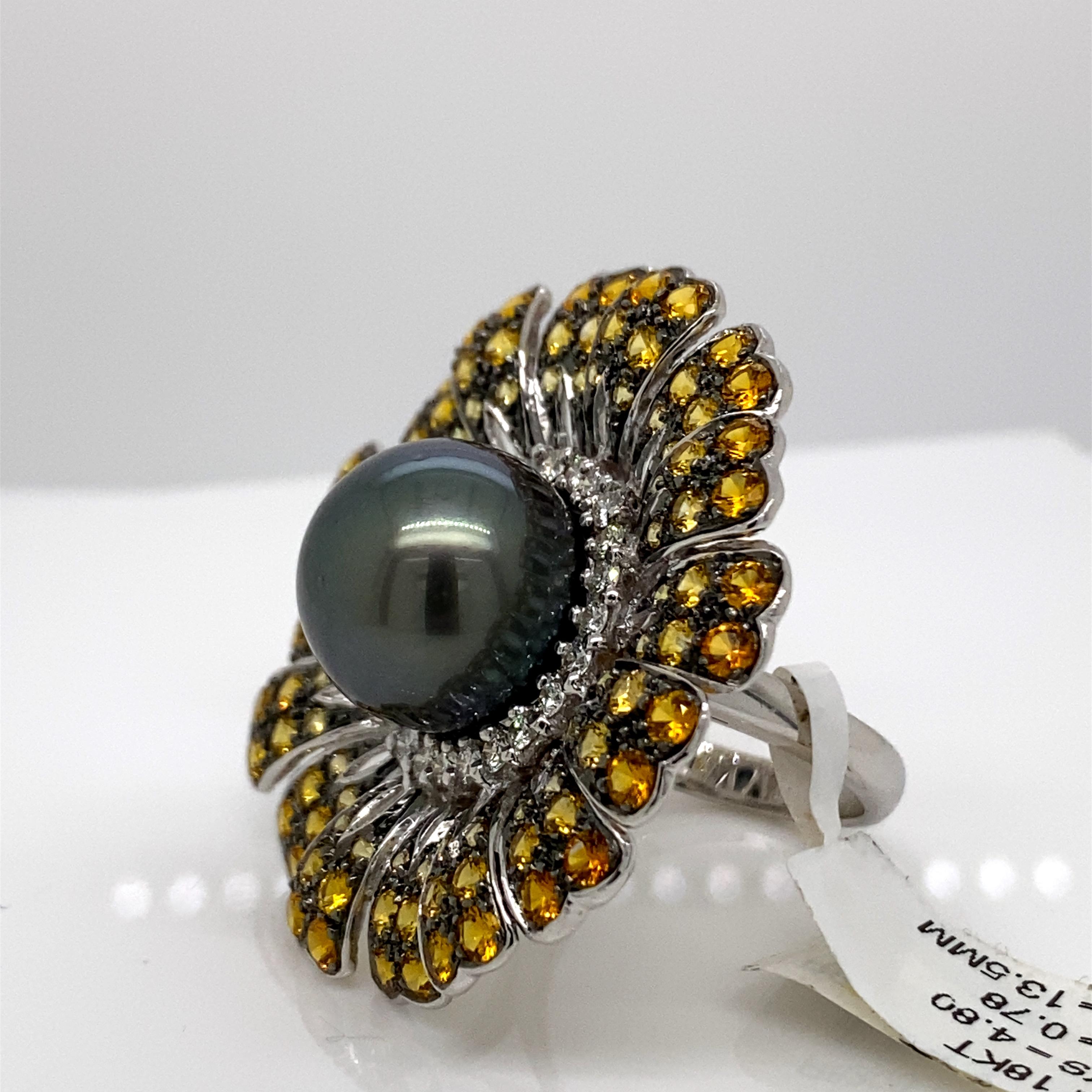 Contemporary Tahitian Pearl, Diamond and Yellow Sapphire Floral Ring 18 Karat White Gold For Sale