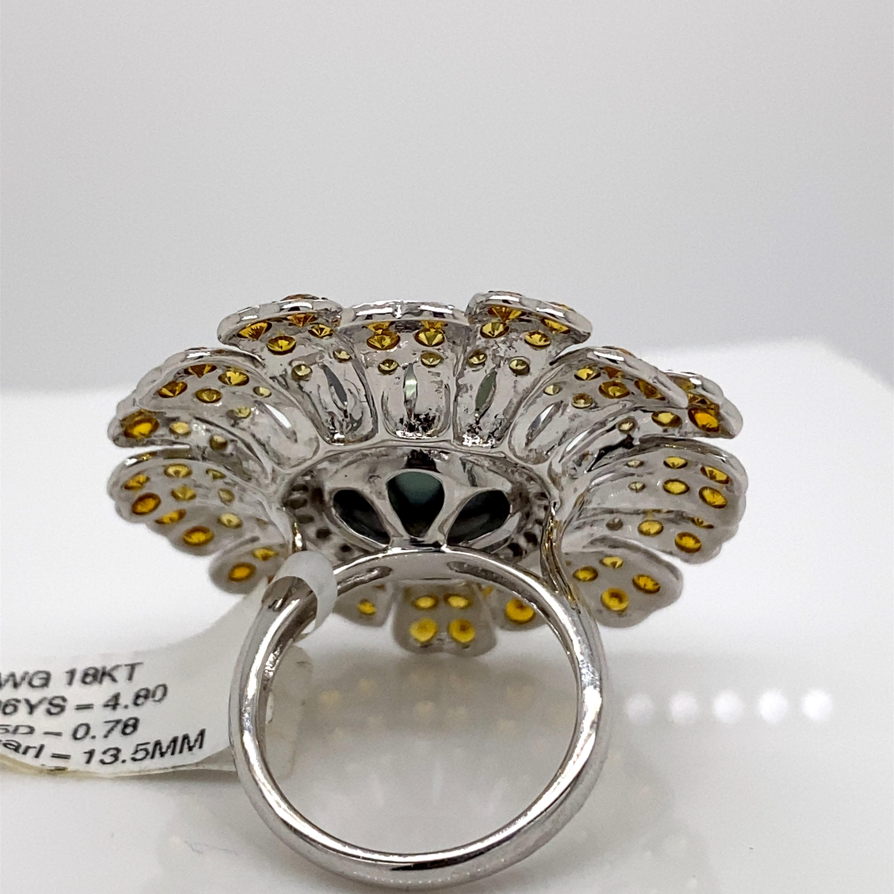Tahitian Pearl, Diamond and Yellow Sapphire Floral Ring 18 Karat White Gold In New Condition For Sale In BEVERLY HILLS, CA
