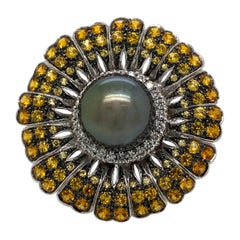 Tahitian Pearl, Diamond and Yellow Sapphire Floral Ring 18 Karat White Gold