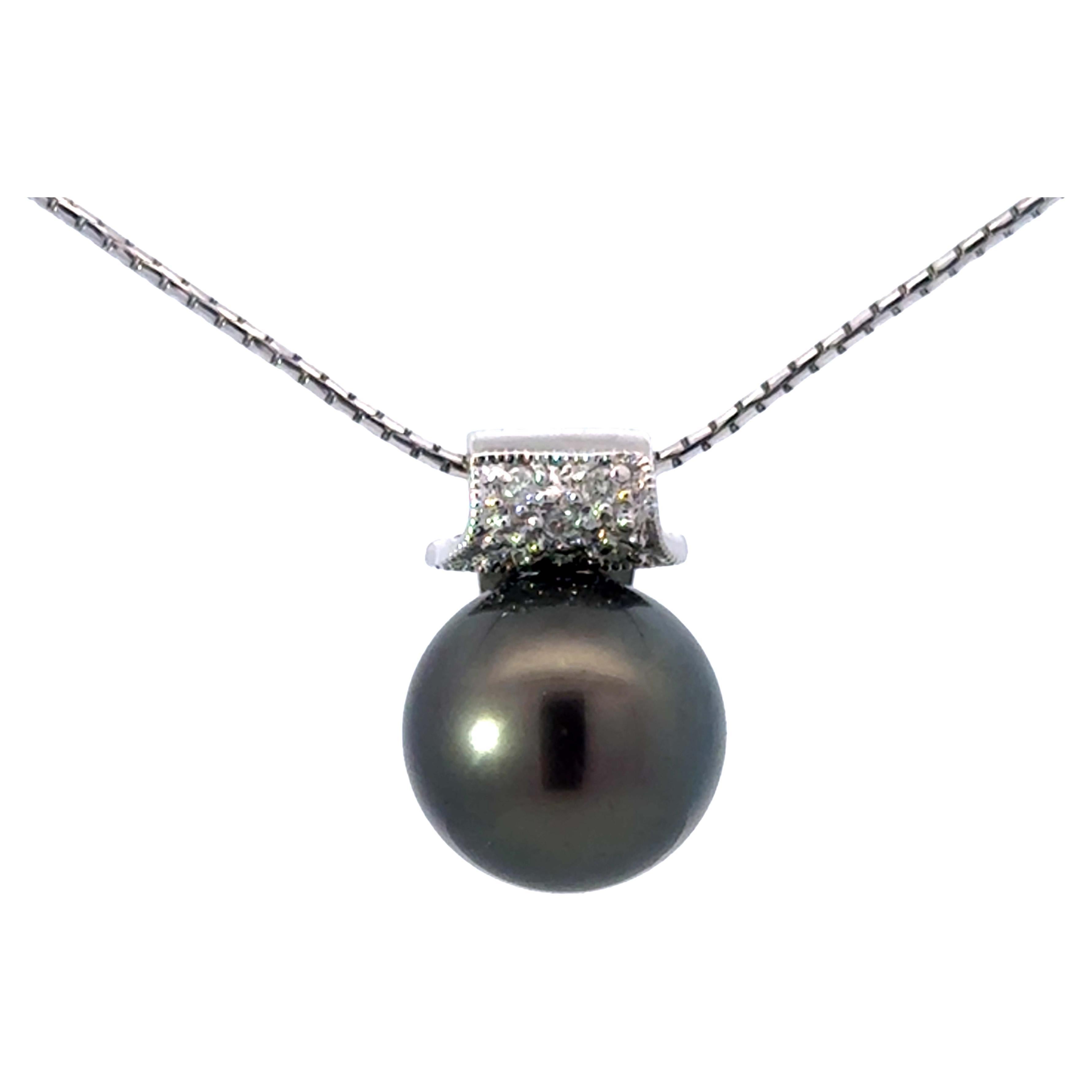 Tahitian Pearl Diamond Bail Pendant on 16" Round Box Chain 18K White Gold
