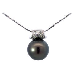 Tahitian Pearl Diamond Bail Pendant on 16" Round Box Chain 18K White Gold