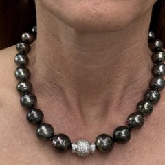Tahitian Pearl Diamond Ball Clasp 18K White Gold 17 Inch Necklace