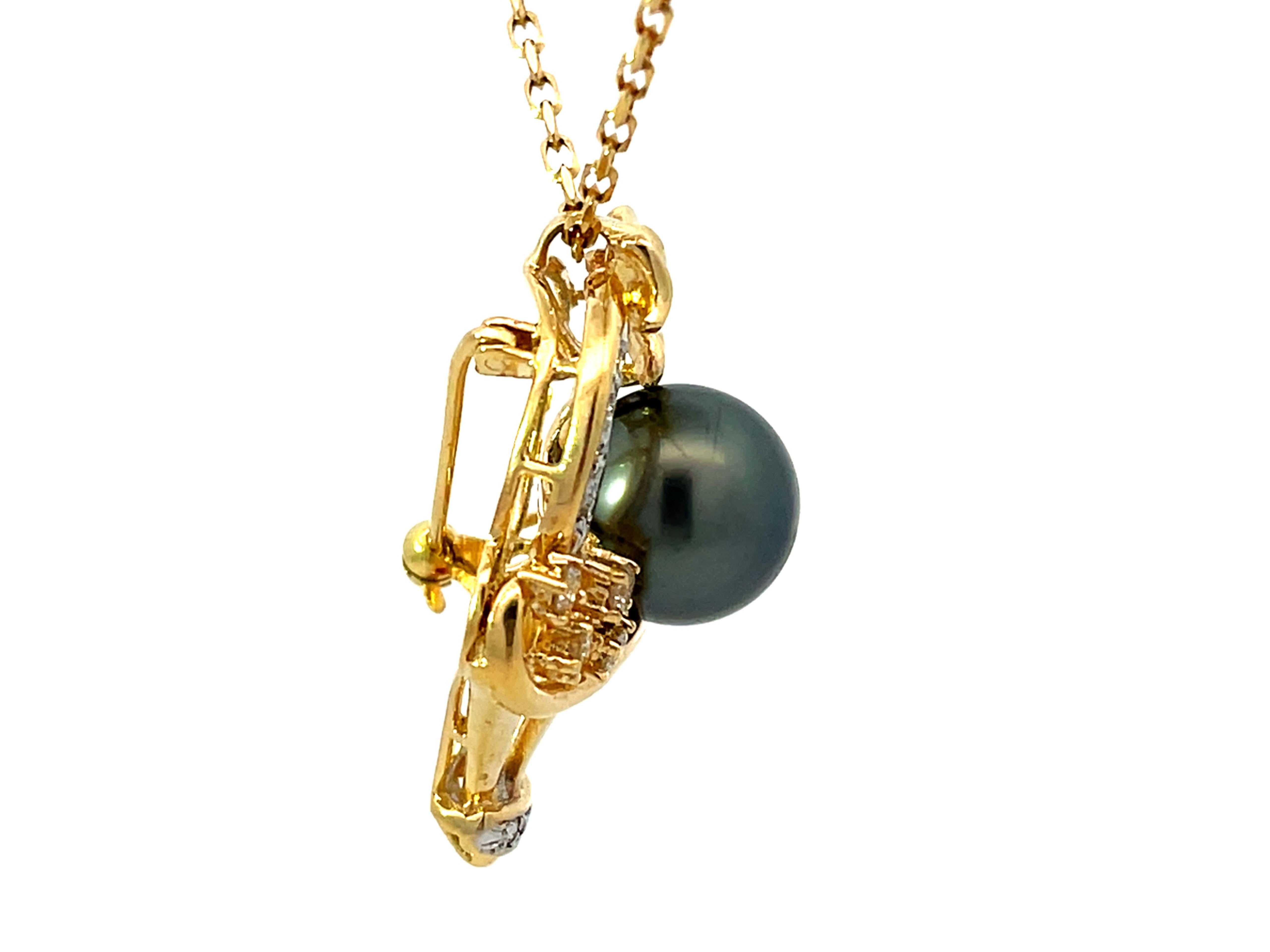 Tahitian Pearl Diamond Basket Pendant Necklace Solid 18k Yellow Gold In Excellent Condition For Sale In Honolulu, HI