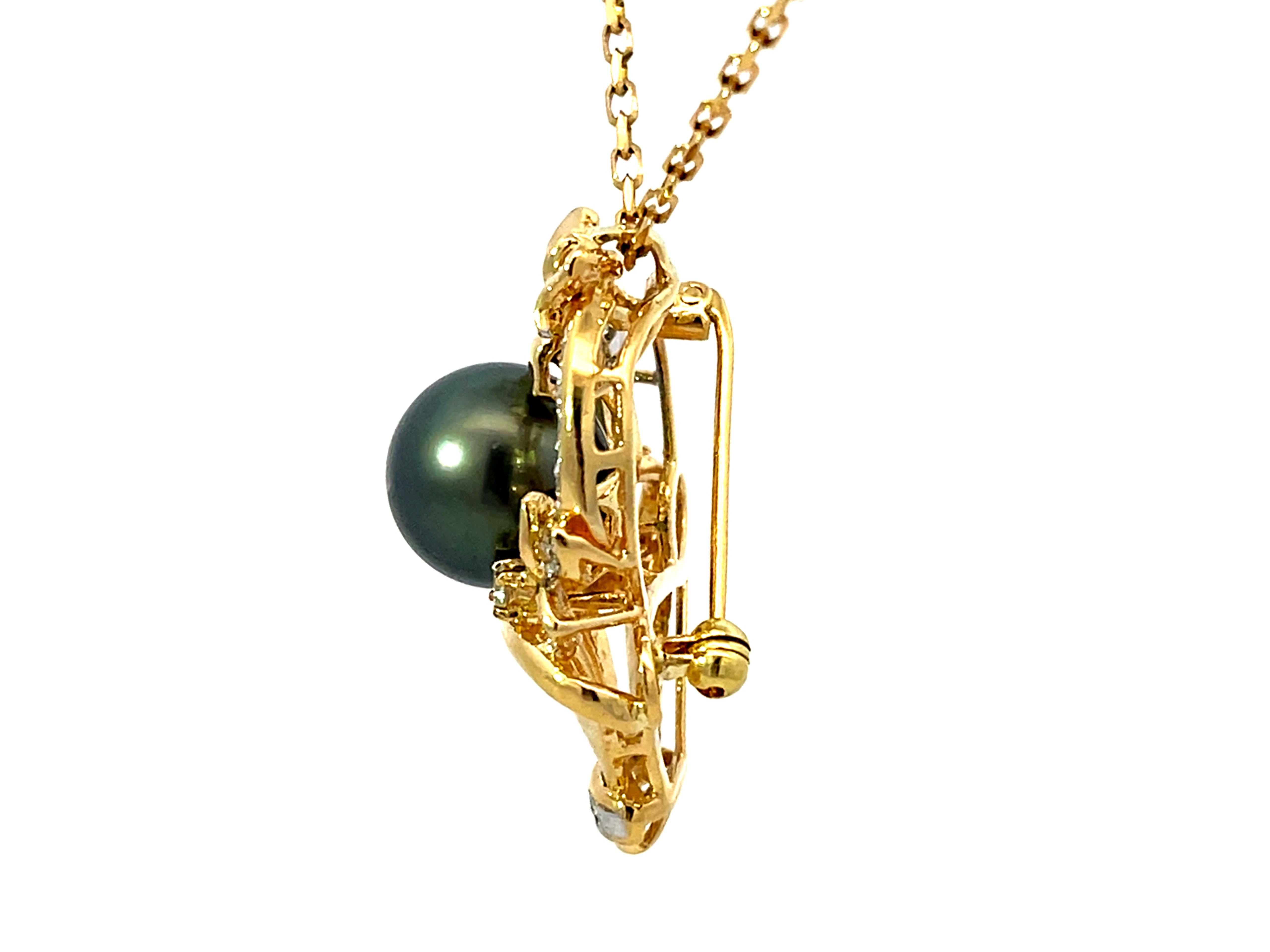 Women's Tahitian Pearl Diamond Basket Pendant Necklace Solid 18k Yellow Gold For Sale