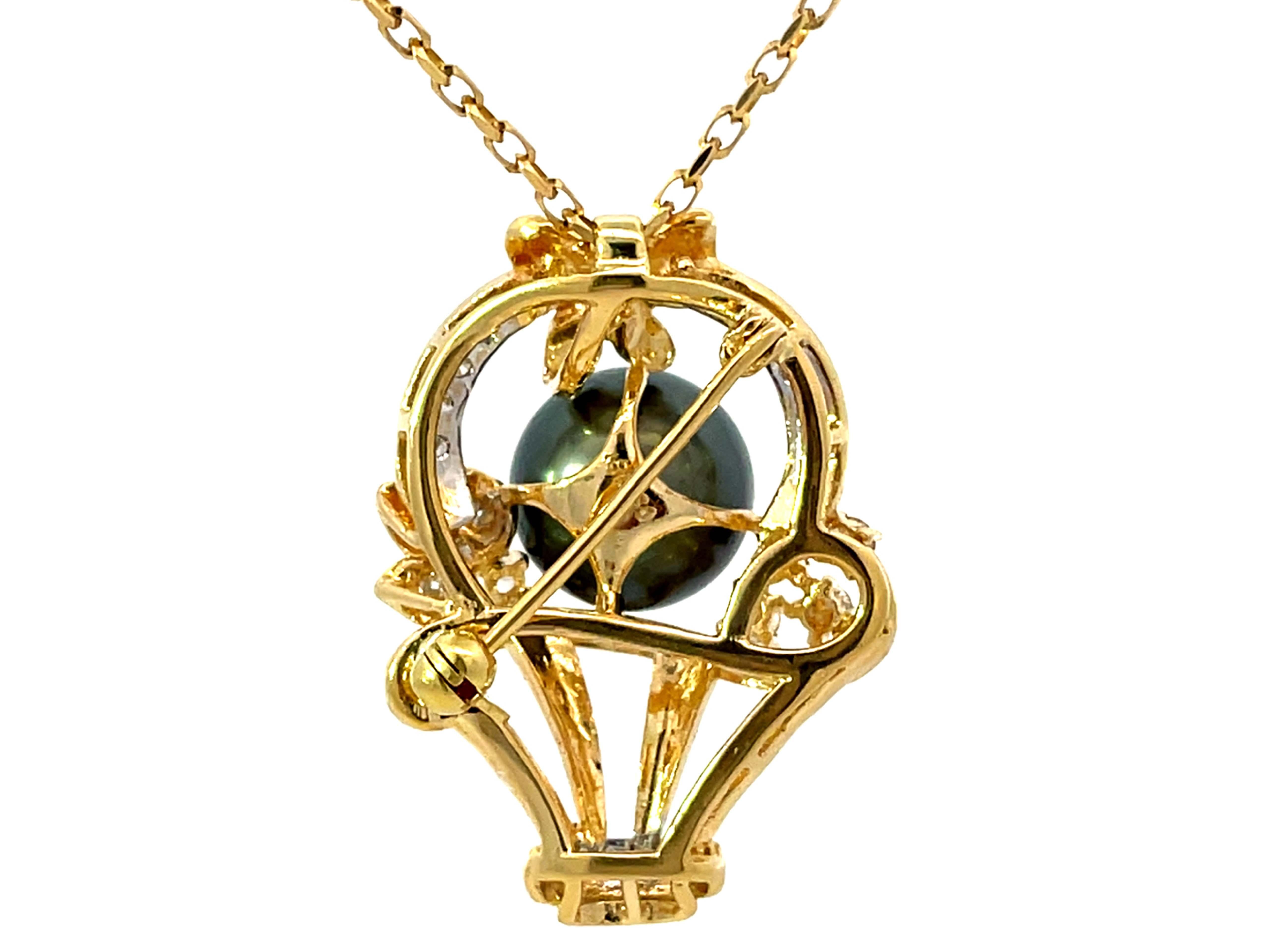 Tahitian Pearl Diamond Basket Pendant Necklace Solid 18k Yellow Gold For Sale 1