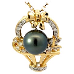 Tahitian Pearl Diamond Basket Pendant Necklace Solid 18k Yellow Gold