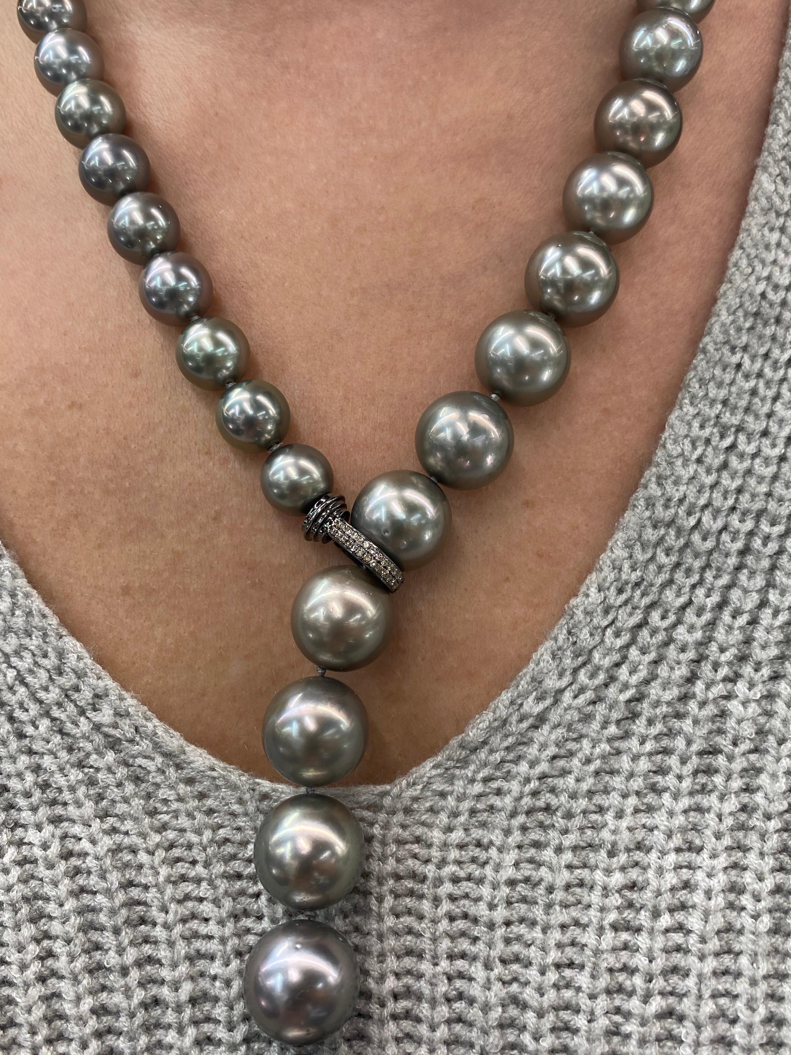 Round Cut Tahitian Pearl Diamond Clasp Necklace White Gold