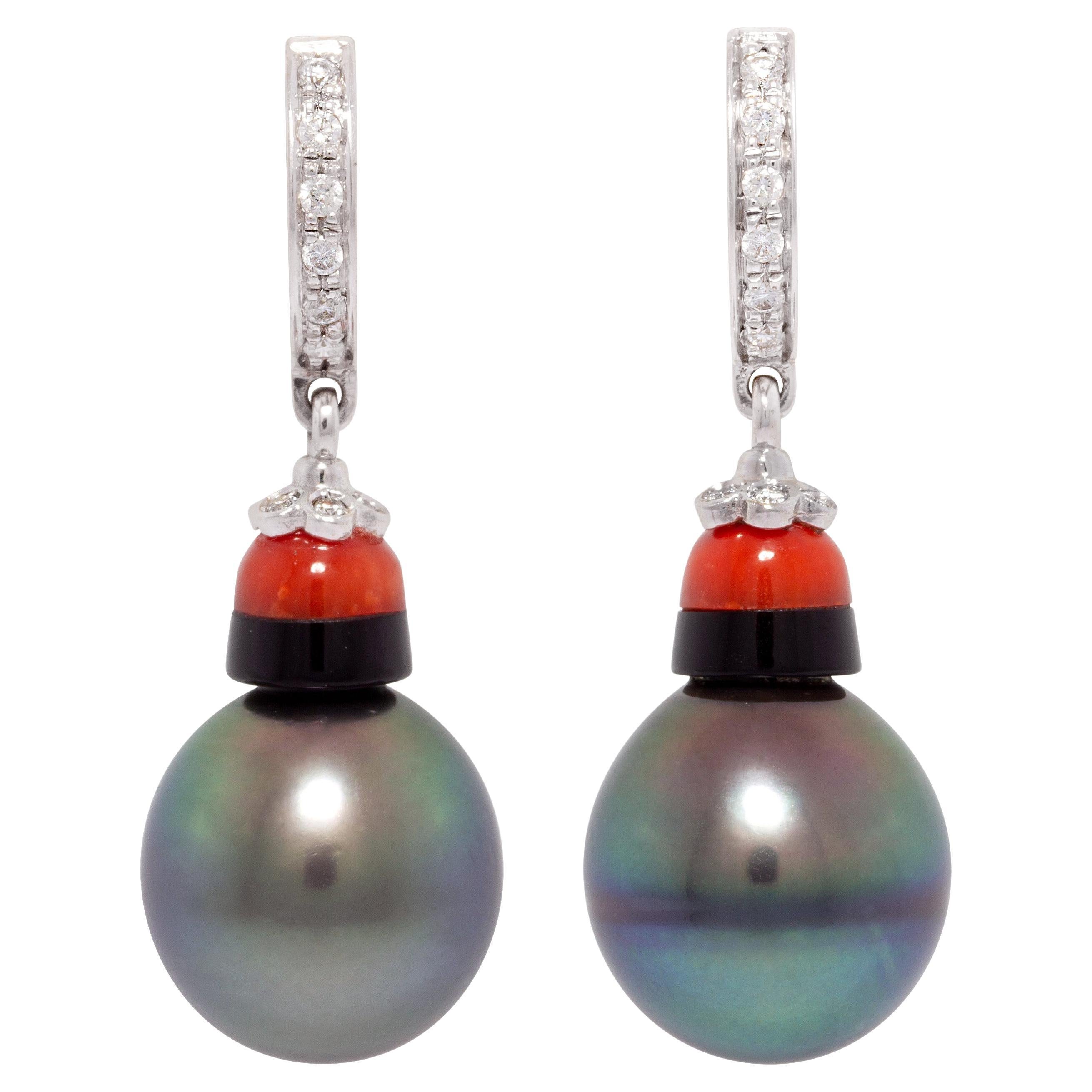 Pendants d
oreilles perle de Tahiti diamant corail onyx Déco Hoop Design by Ella Gafter