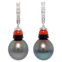 Tahitian Pearl Diamond Coral Onyx Drop Earrings Déco Hoop Design by Ella Gafter