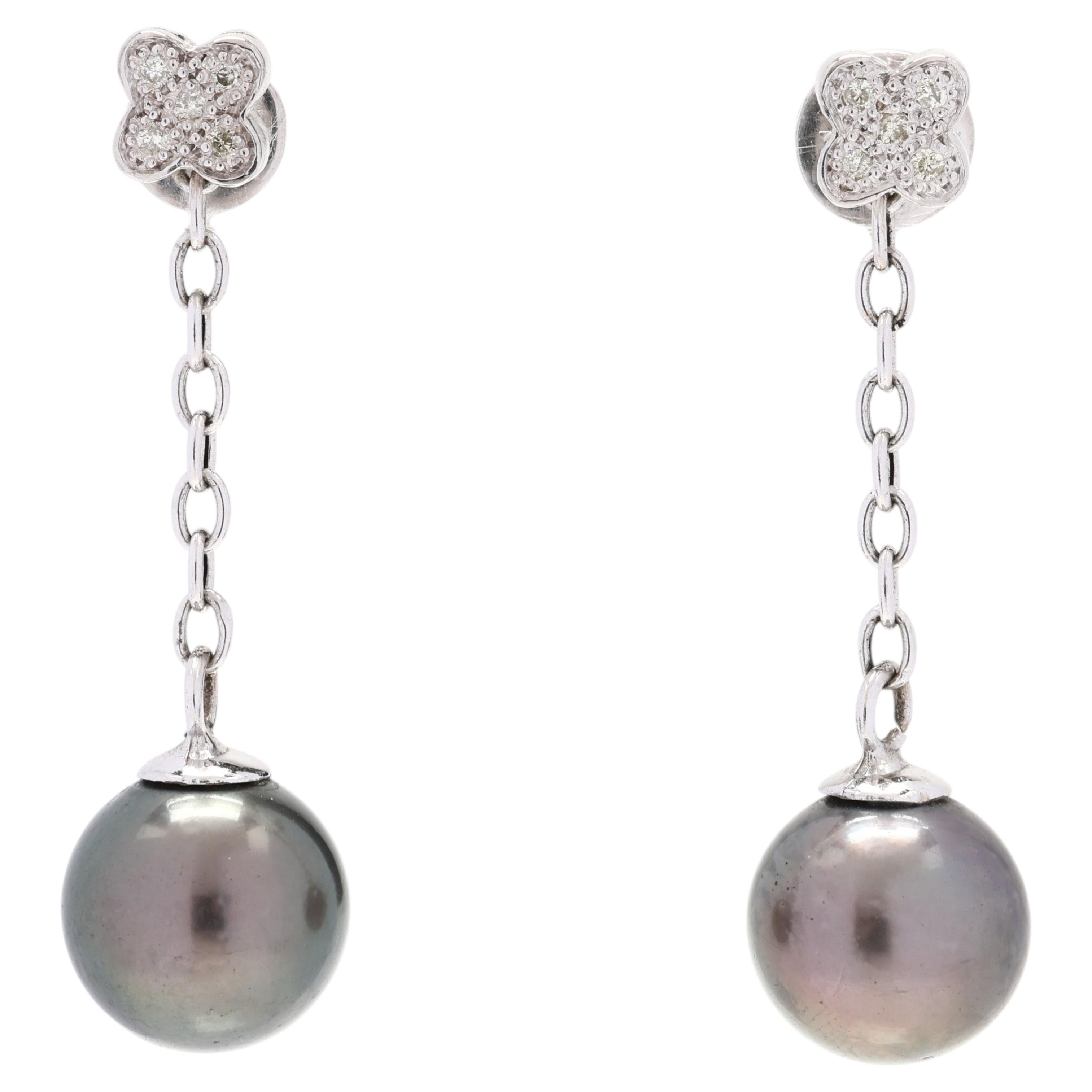 Boucles d'oreilles pendantes en or blanc 14k, perles de Tahiti et diamants, longueur 1.75 pouces