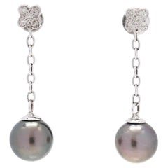 Tahitian Pearl & Diamond Dangle Earrings, 14k White Gold, Length 1.75 Inches