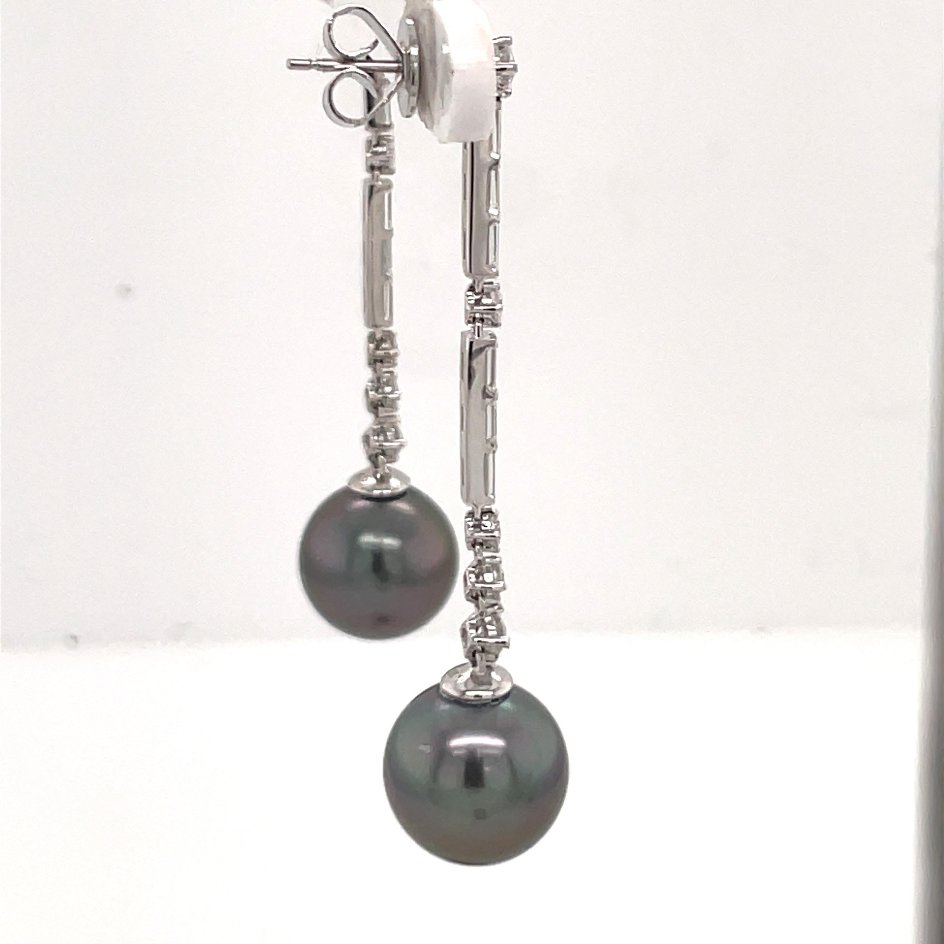 Tahitian Pearl Diamond Deco Inspired Drop Earrings 1.37 Carats 18K White Gold For Sale 3