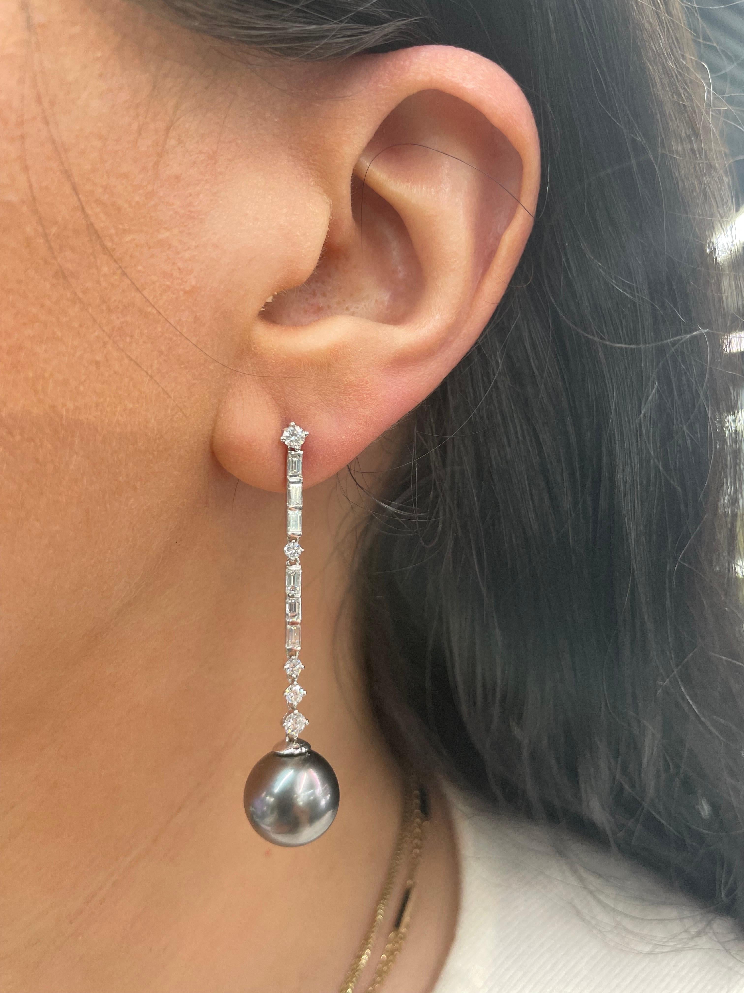 Tahitian Pearl Diamond Deco Inspired Drop Earrings 1.37 Carats 18K White Gold For Sale 5