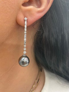 Tahitian Pearl Diamond Deco Inspired Drop Earrings 1.37 Carats 18K White Gold
