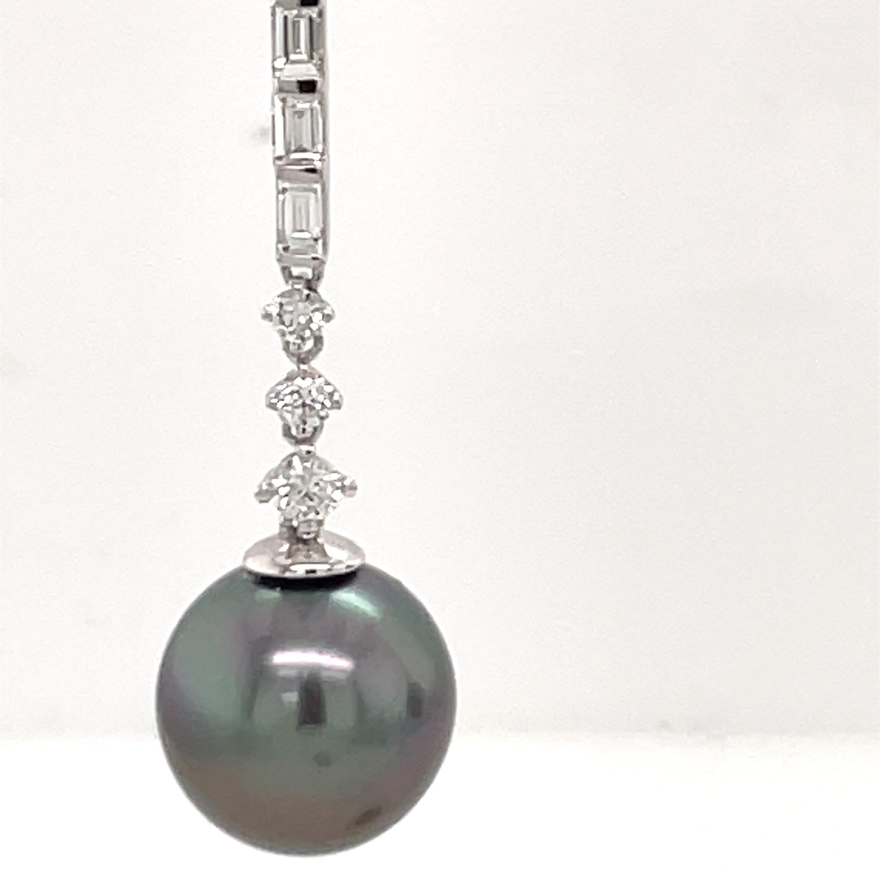 Contemporary Tahitian Pearl Diamond Deco Inspired Drop Earrings 1.37 Carats 18K White Gold For Sale