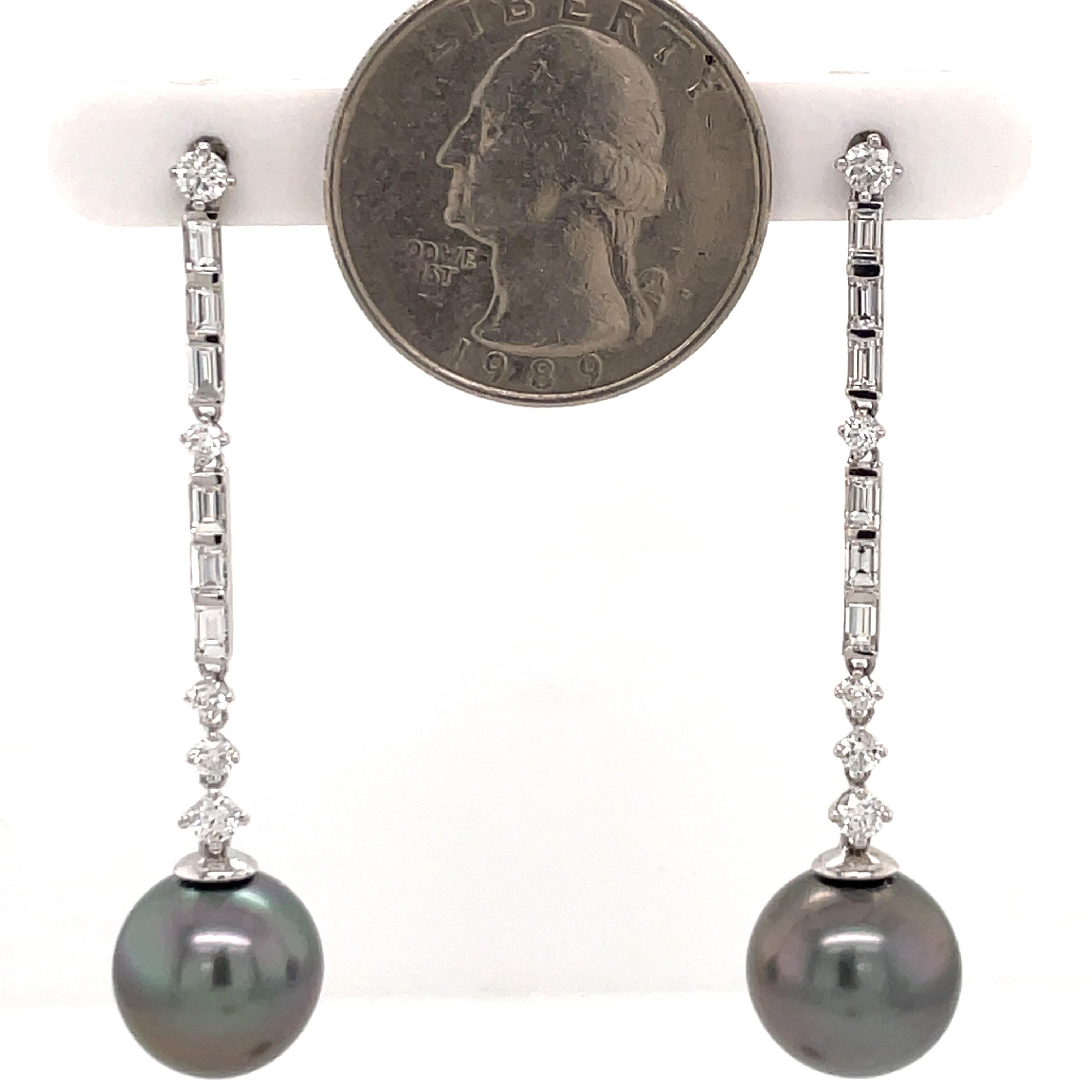 Round Cut Tahitian Pearl Diamond Deco Inspired Drop Earrings 1.37 Carats 18K White Gold For Sale