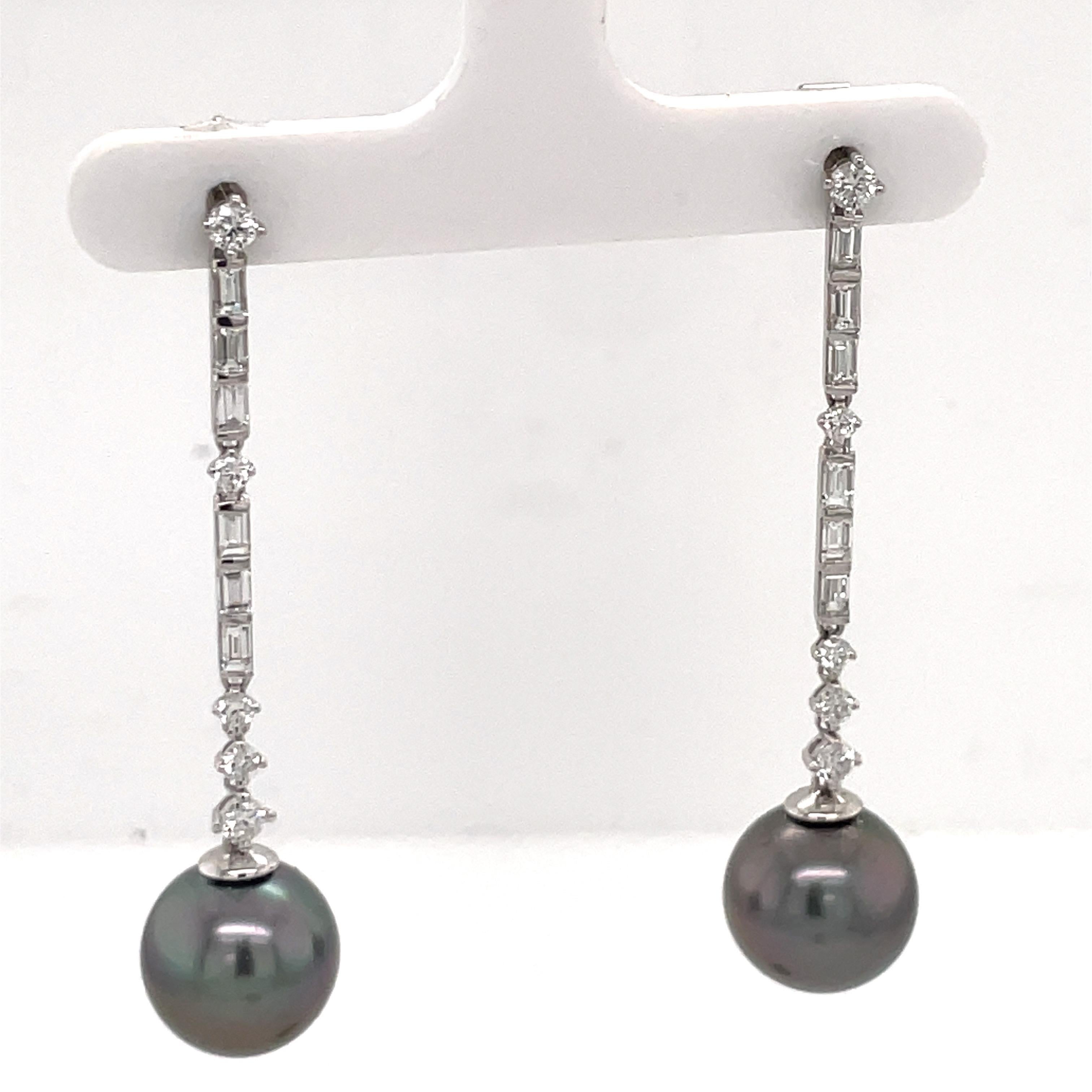 Tahitian Pearl Diamond Deco Inspired Drop Earrings 1.37 Carats 18K White Gold In New Condition For Sale In New York, NY