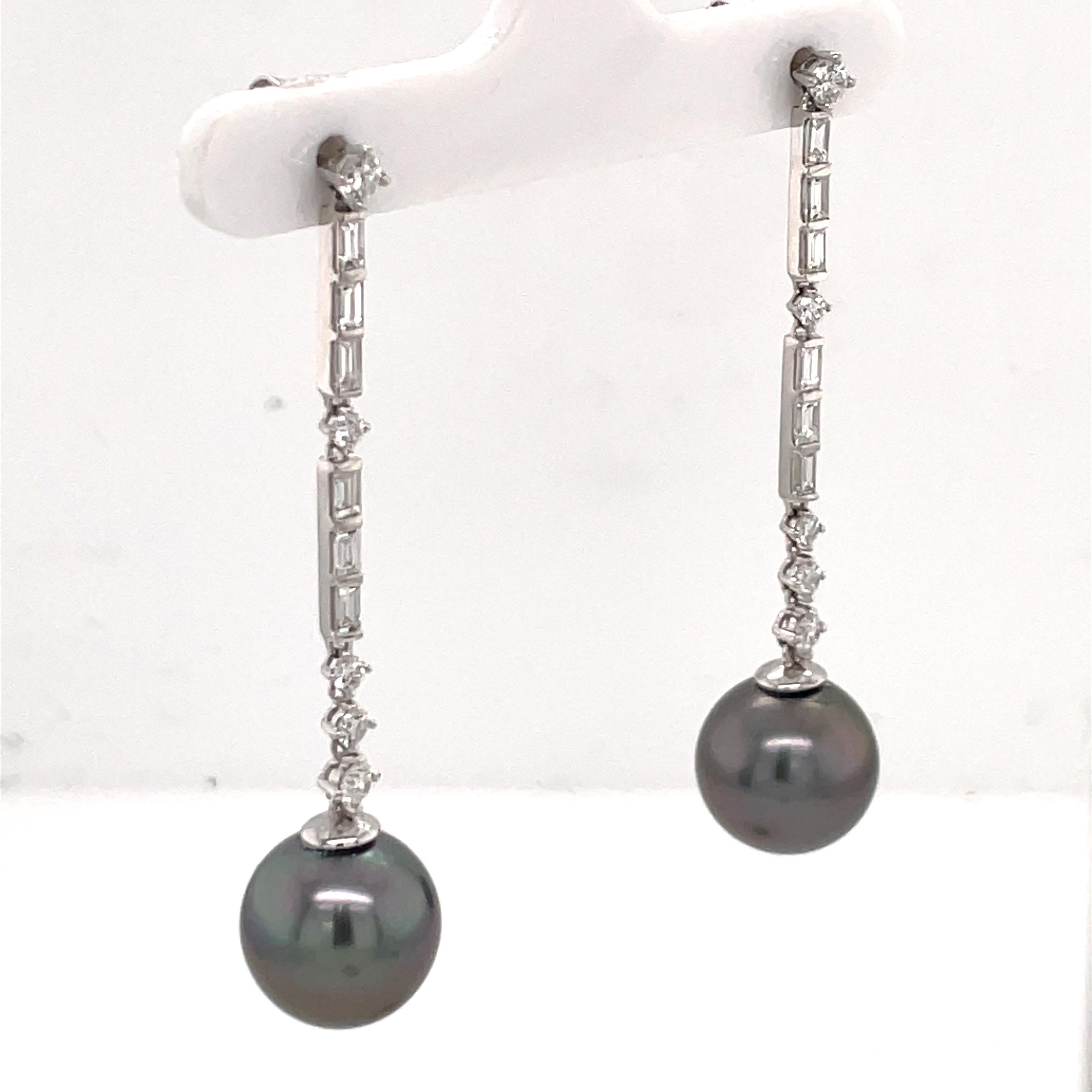 Women's Tahitian Pearl Diamond Deco Inspired Drop Earrings 1.37 Carats 18K White Gold For Sale