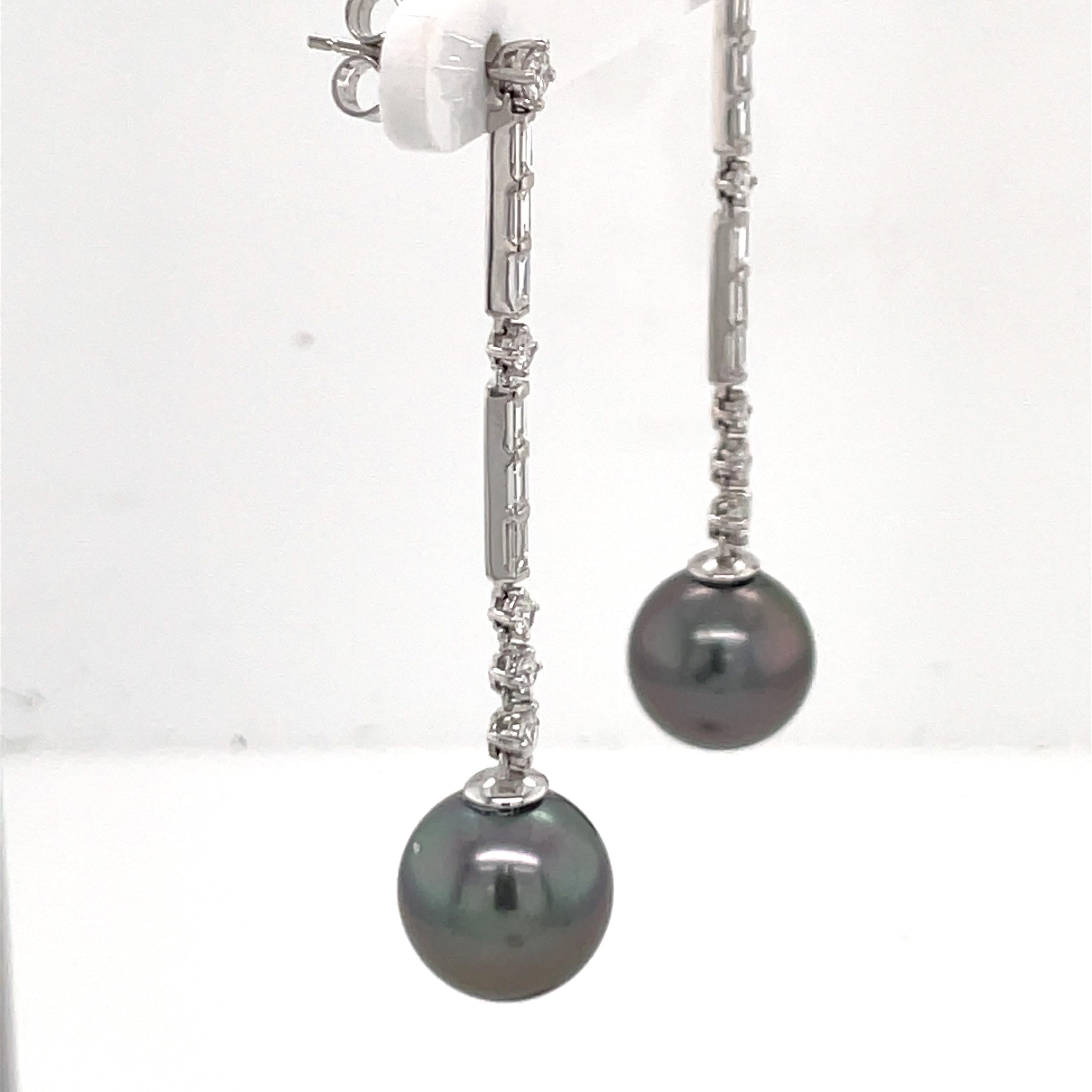 Tahitian Pearl Diamond Deco Inspired Drop Earrings 1.37 Carats 18K White Gold For Sale 1