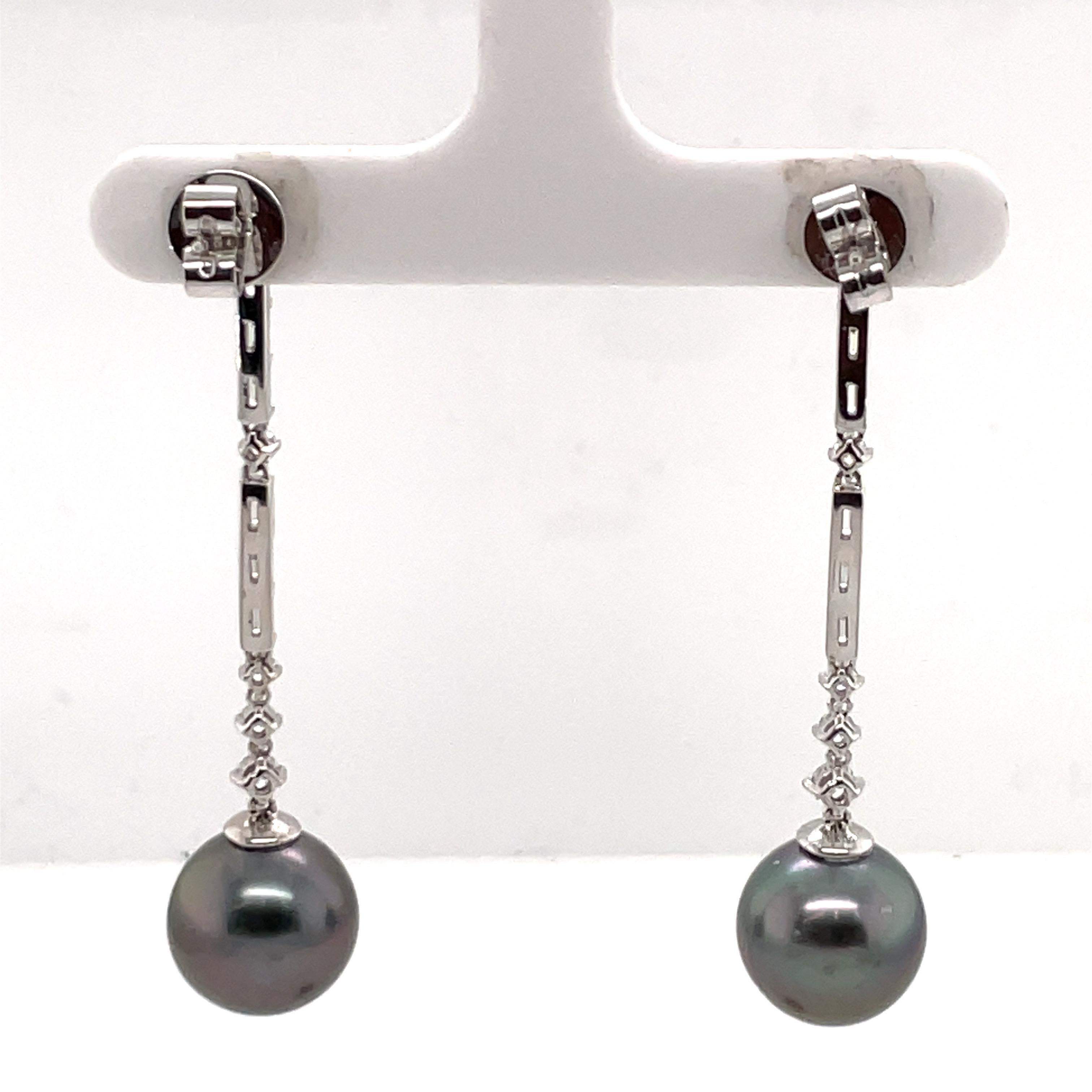 Tahitian Pearl Diamond Deco Inspired Drop Earrings 1.37 Carats 18K White Gold For Sale 2