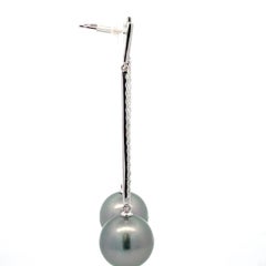 Tahitian Pearl Diamond Drop Bar Earrings 0.63 Carat 18 Karat White Gold 12-13 MM