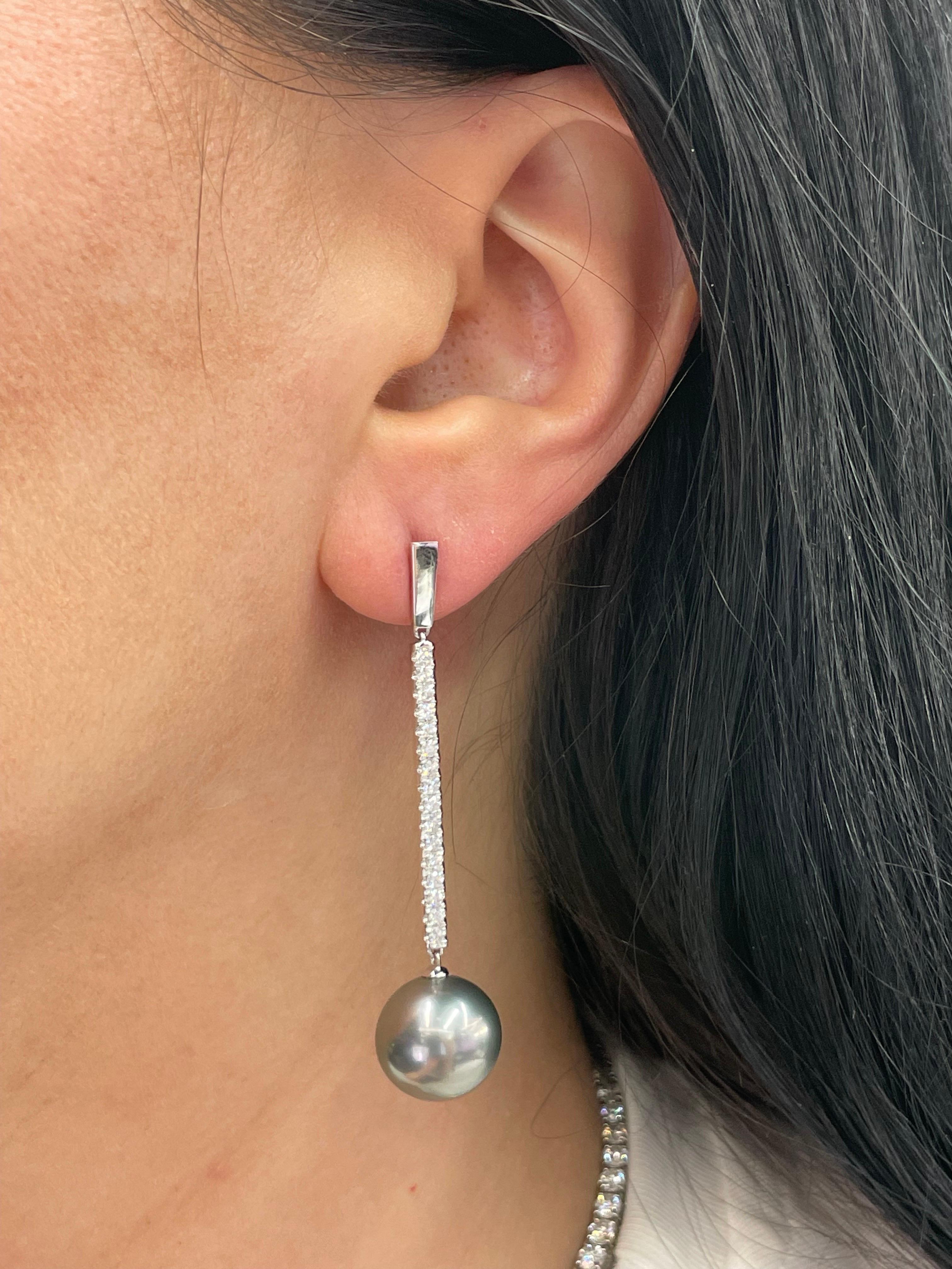 Tahitian Pearl Diamond Drop Bar Earrings 0.63 Carat 18 Karat White Gold 12-13 MM In New Condition For Sale In New York, NY