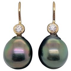 HARBOR D. Tahitian Pearl Diamond Drop Earrings 0.20 Carat 18 Karat Yellow Gold