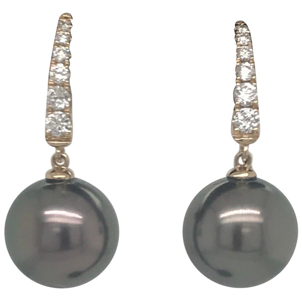 Tahitian Pearl Diamond Drop Earrings 0.30 Carat 14 Karat