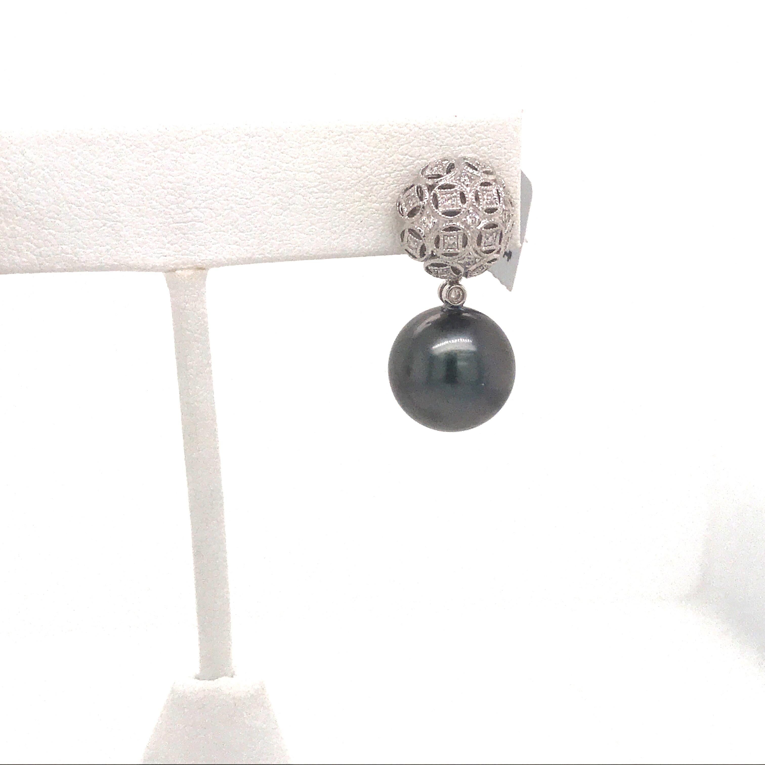 Contemporary Tahitian Pearl Diamond Drop Earrings 0.30 Carat 18 Karat White Gold For Sale