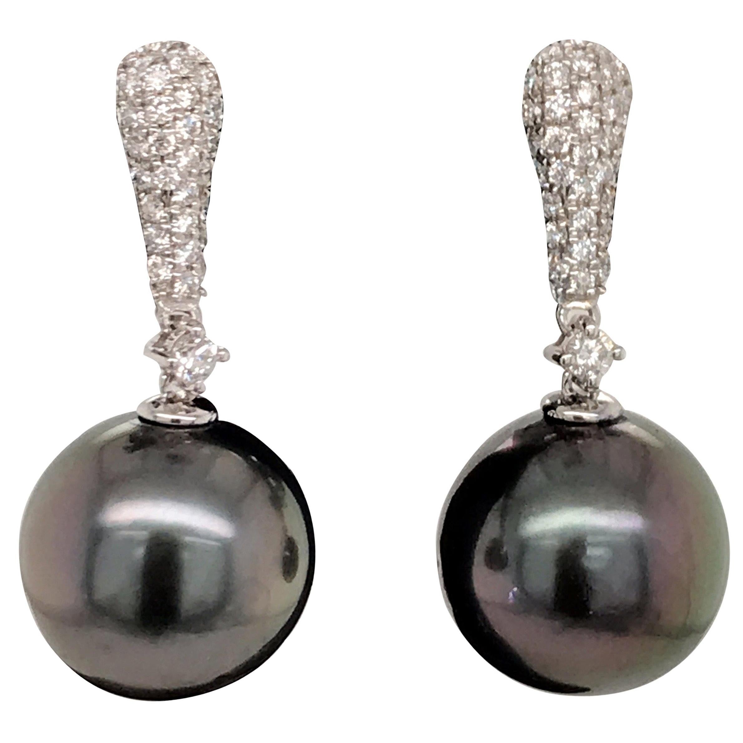 Tahitian Pearl Diamond Drop Earrings 0.37 Carat 18 Karat White Gold For Sale