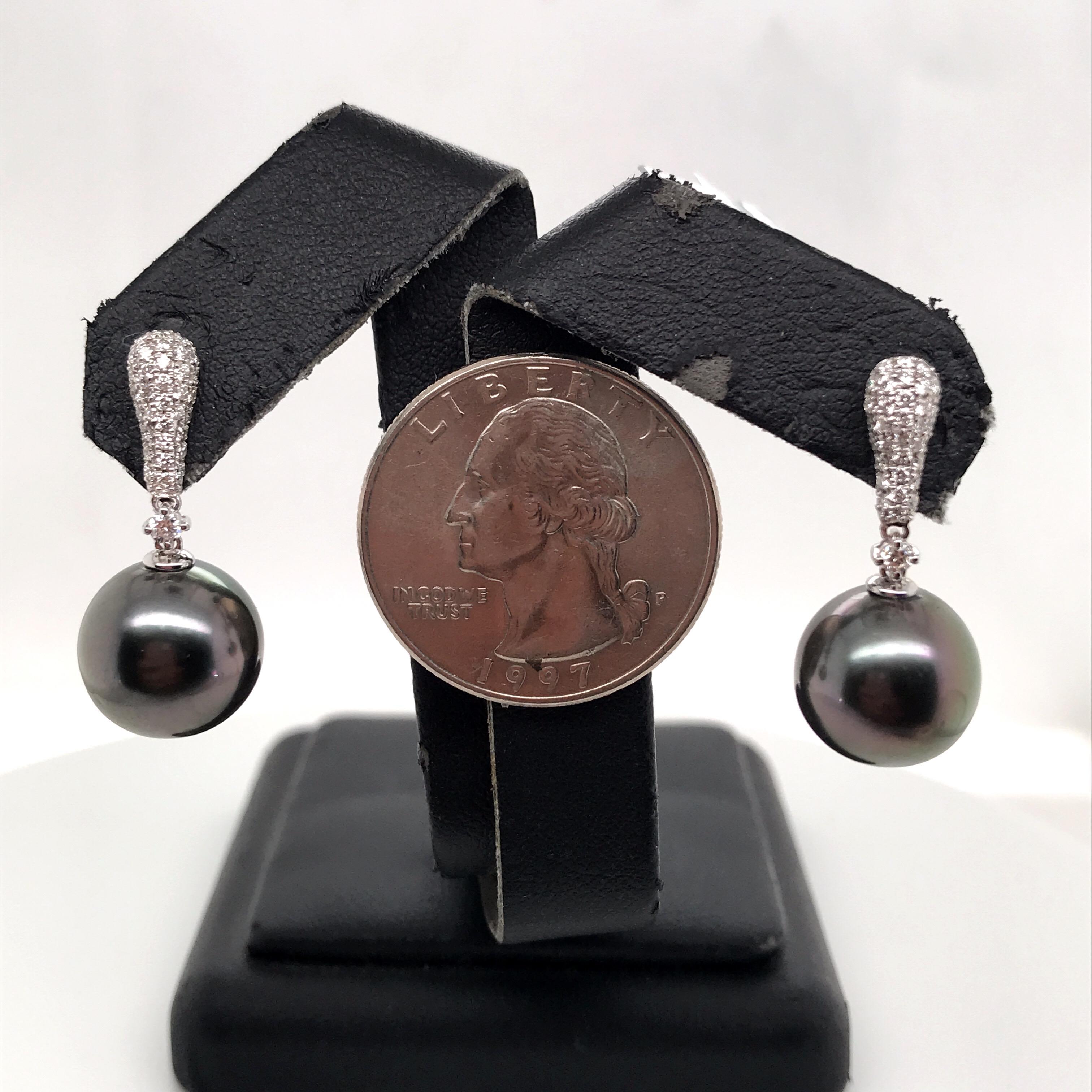 Tahitian Pearl Diamond Drop Earrings 0.37 Carat 18 Karat White Gold In New Condition For Sale In New York, NY