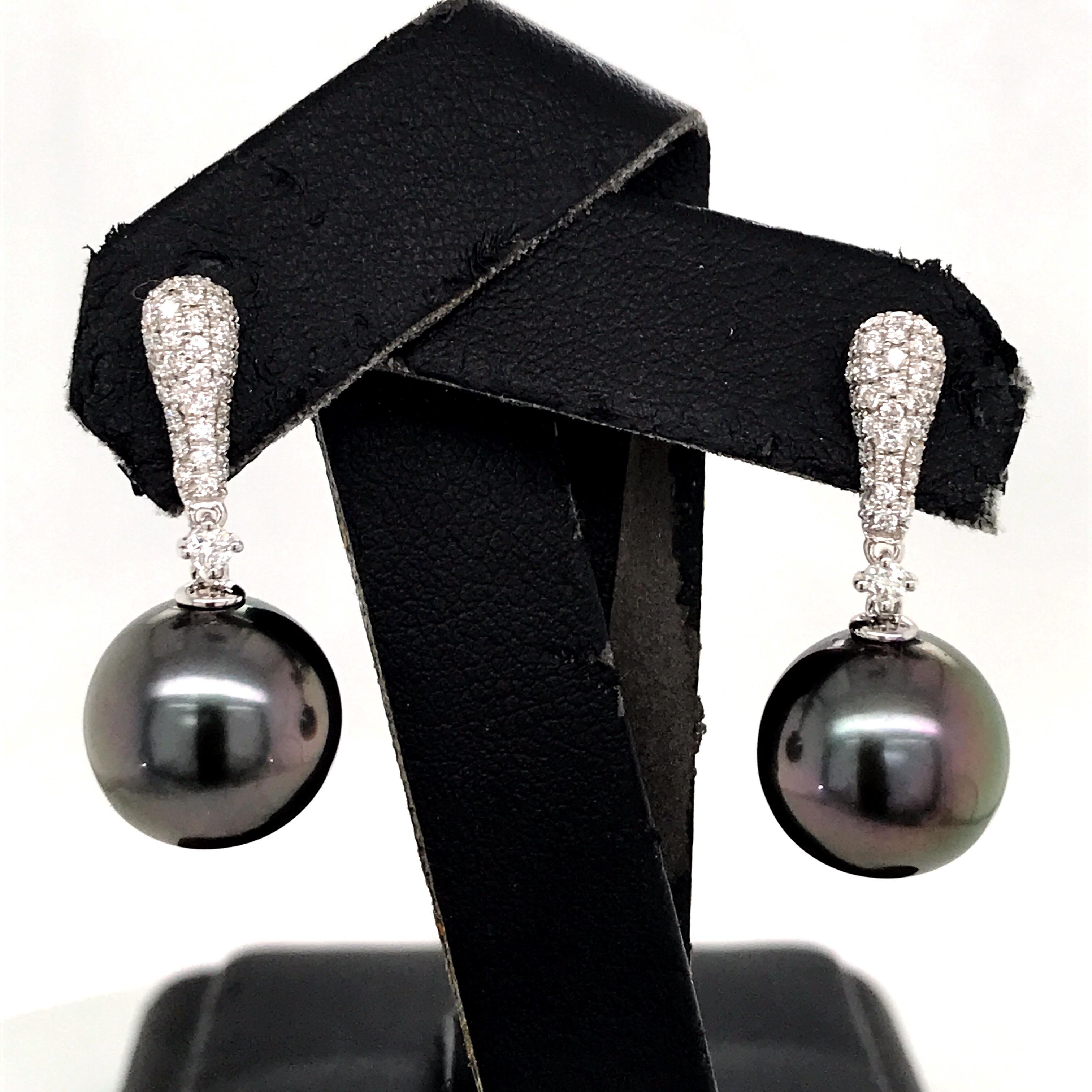 Women's Tahitian Pearl Diamond Drop Earrings 0.37 Carat 18 Karat White Gold For Sale