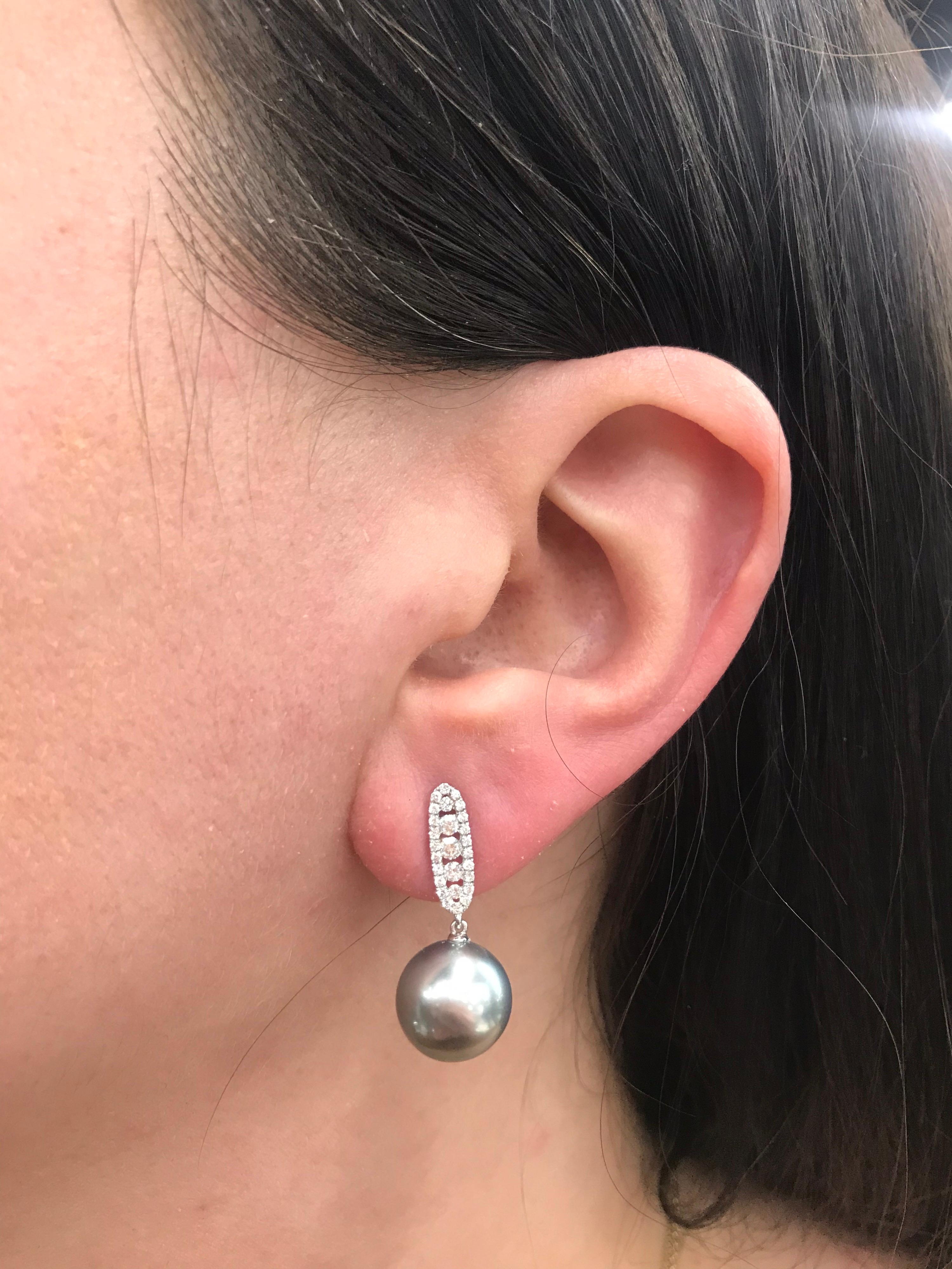 Contemporary Tahitian Pearl Diamond Drop Earrings 0.45 Carat 18 Karat White Gold For Sale
