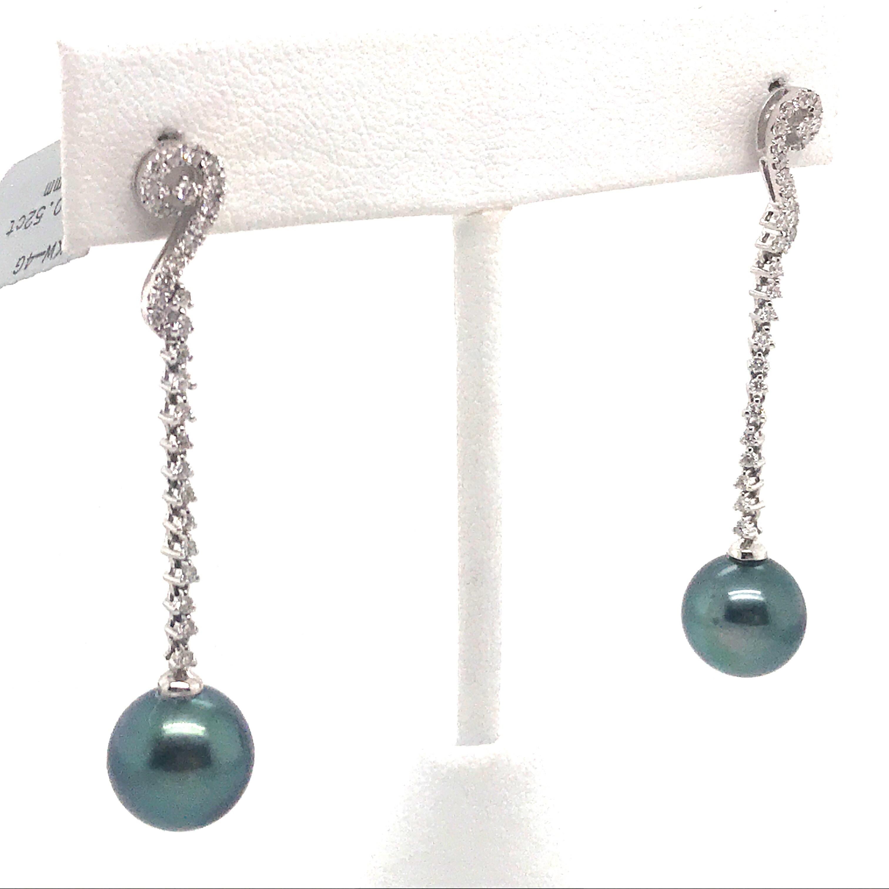 Tahitian Pearl Diamond Drop Earrings 0.52 Carat 18 Karat White Gold In New Condition For Sale In New York, NY