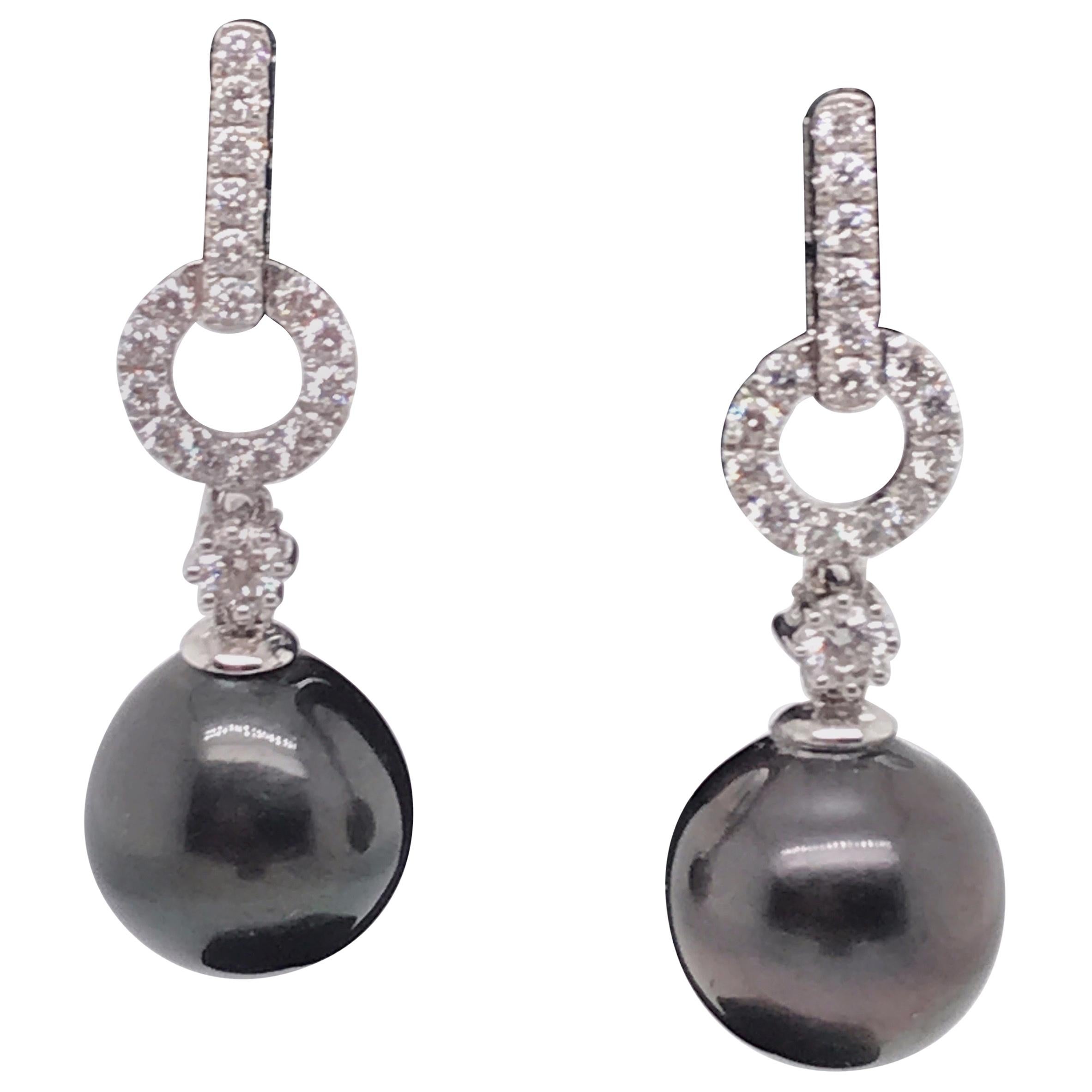 Tahitian Pearl Diamond Drop Earrings 0.61 Carat 18 Karat White Gold 11-12MM 