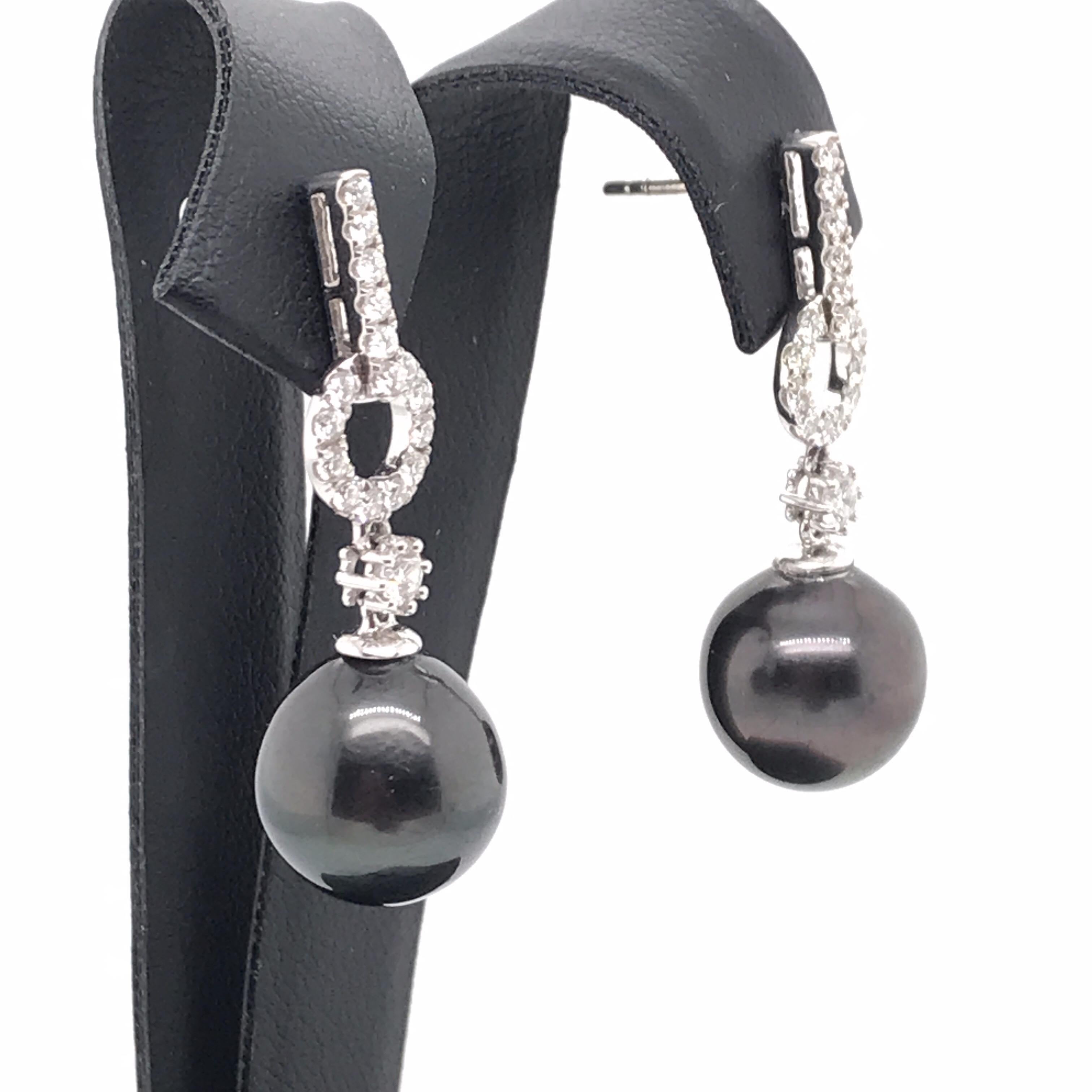 Round Cut Tahitian Pearl Diamond Drop Earrings 0.61 Carat 18 Karat White Gold 11-12MM  For Sale