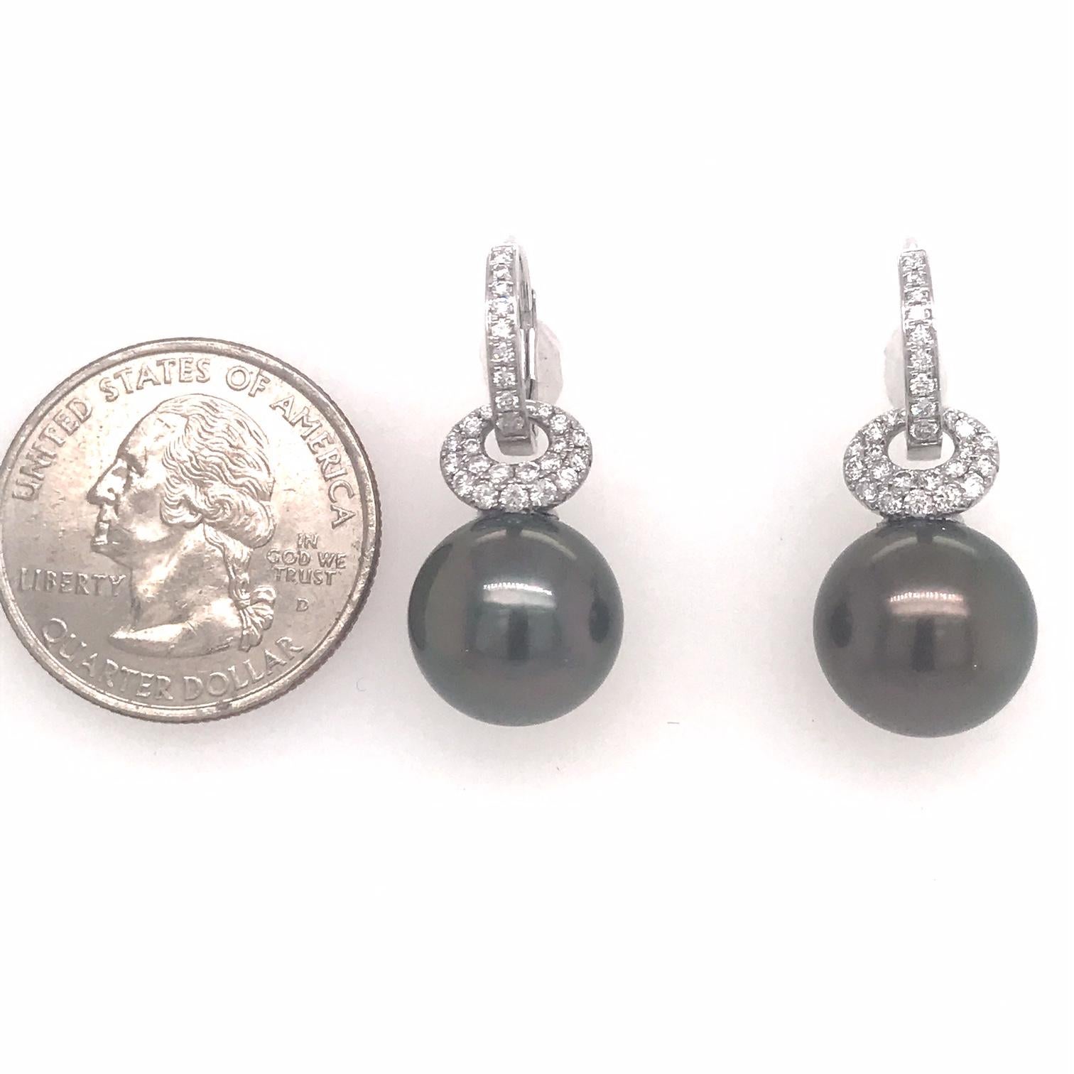 Contemporary Tahitian Pearl Diamond Drop Earrings 0.57 Carat 18 Karat White Gold For Sale