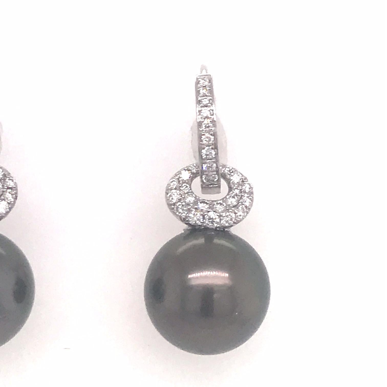 Round Cut Tahitian Pearl Diamond Drop Earrings 0.57 Carat 18 Karat White Gold For Sale