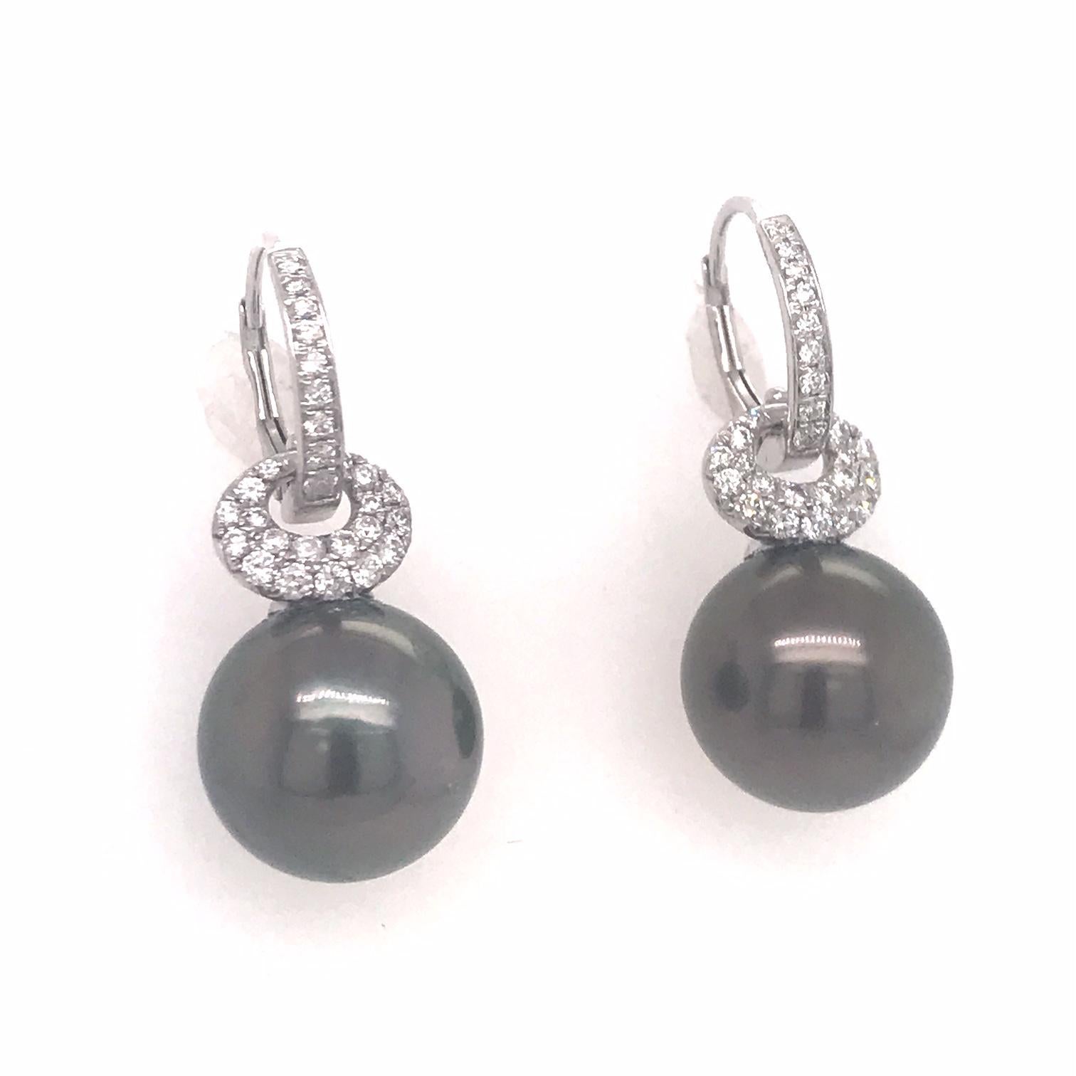 Tahitian Pearl Diamond Drop Earrings 0.57 Carat 18 Karat White Gold In New Condition For Sale In New York, NY