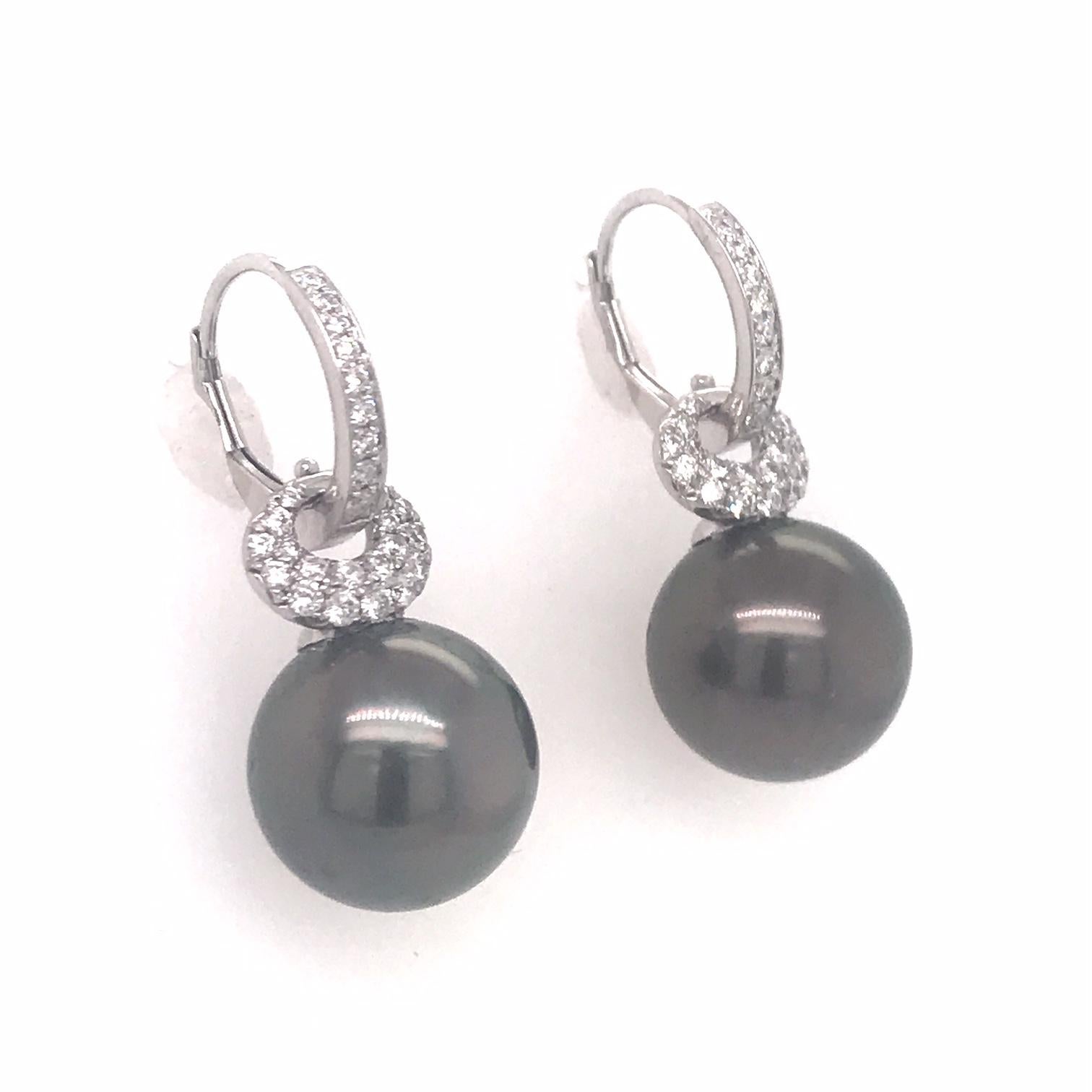 Women's Tahitian Pearl Diamond Drop Earrings 0.57 Carat 18 Karat White Gold For Sale