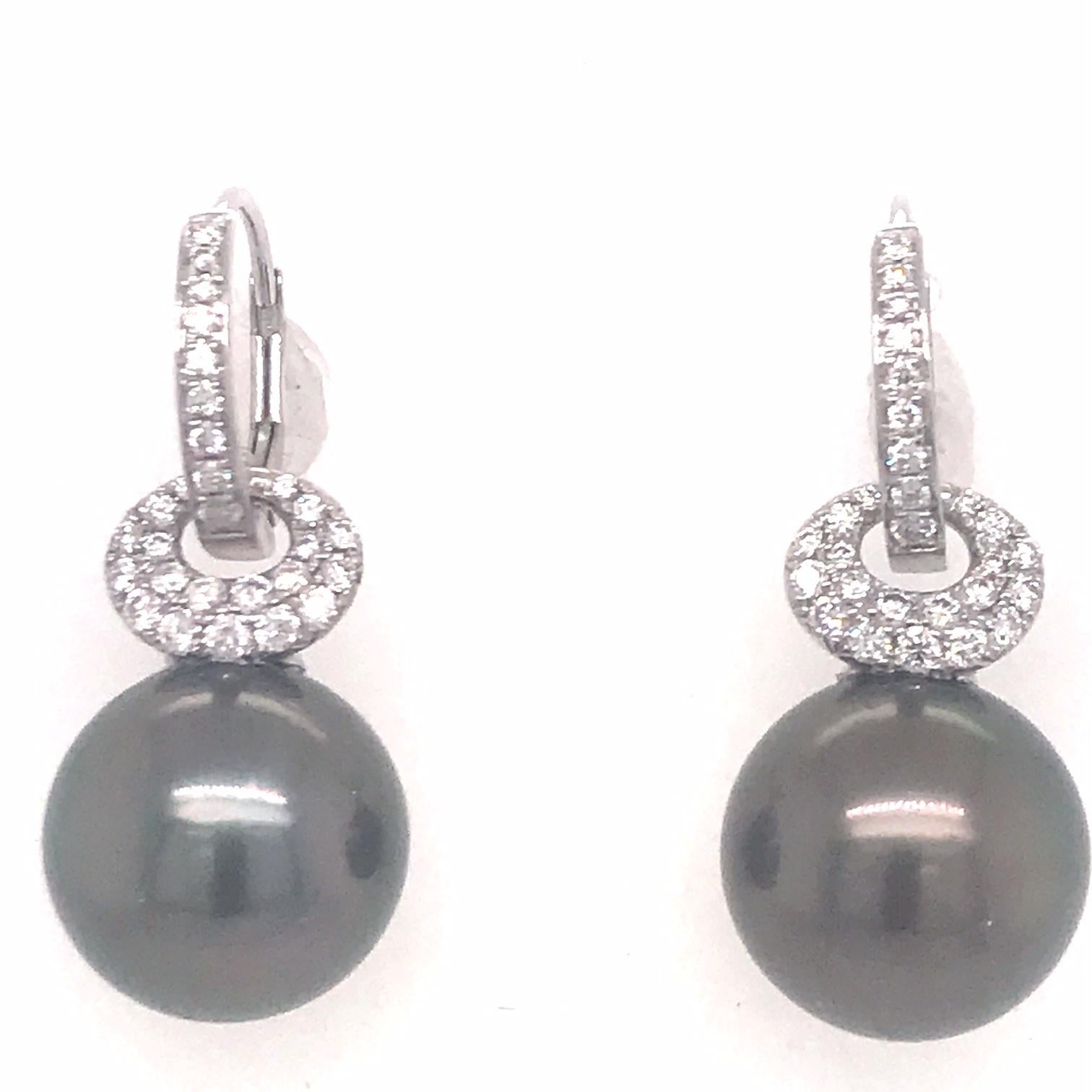 Tahitian Pearl Diamond Drop Earrings 0.57 Carat 18 Karat White Gold For Sale 3