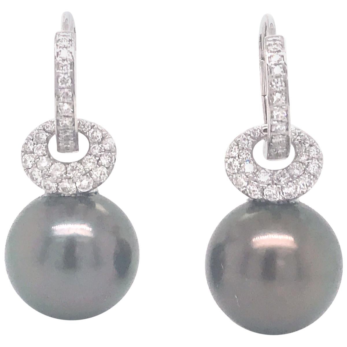 Tahitian Pearl Diamond Drop Earrings 0.57 Carat 18 Karat White Gold For Sale