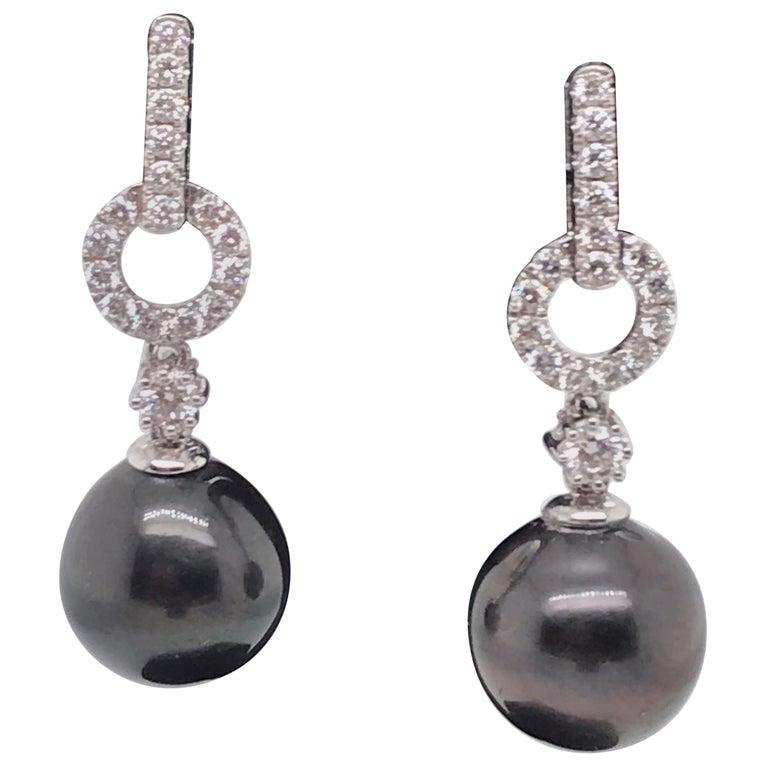 Women's Tahitian Pearl Diamond Drop Earrings 0.61 Carat 18 Karat Yellow Gold 11-12MM For Sale